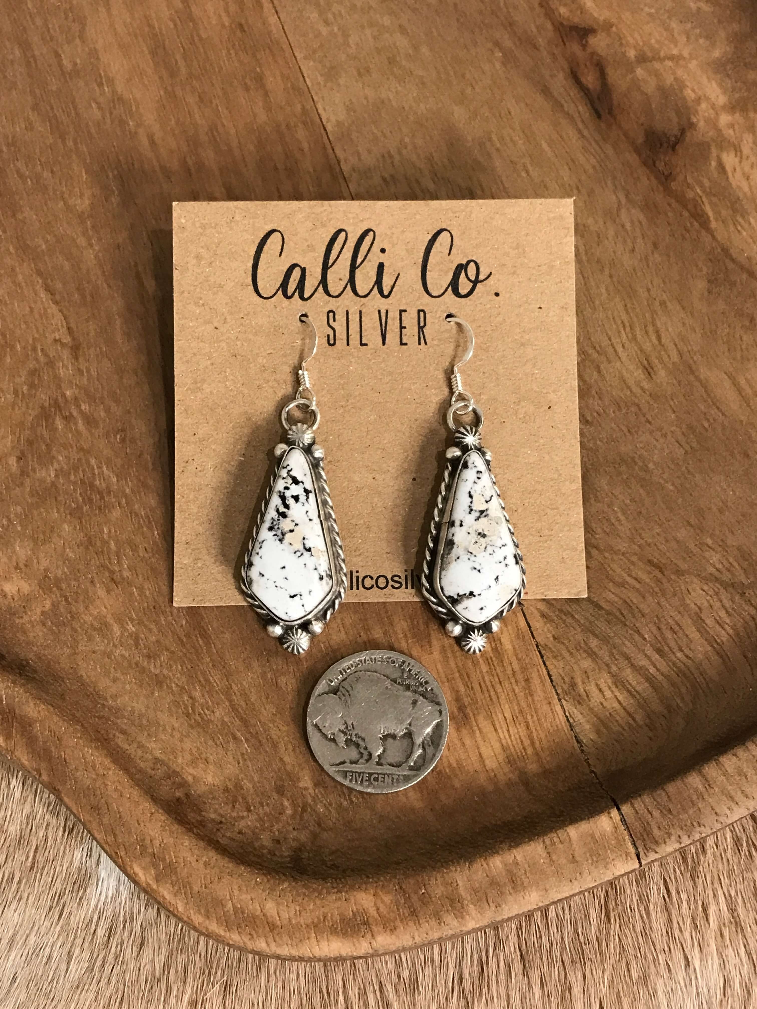 The White Buffalo Dangles, 4-Earrings-Calli Co., Turquoise and Silver Jewelry, Native American Handmade, Zuni Tribe, Navajo Tribe, Brock Texas