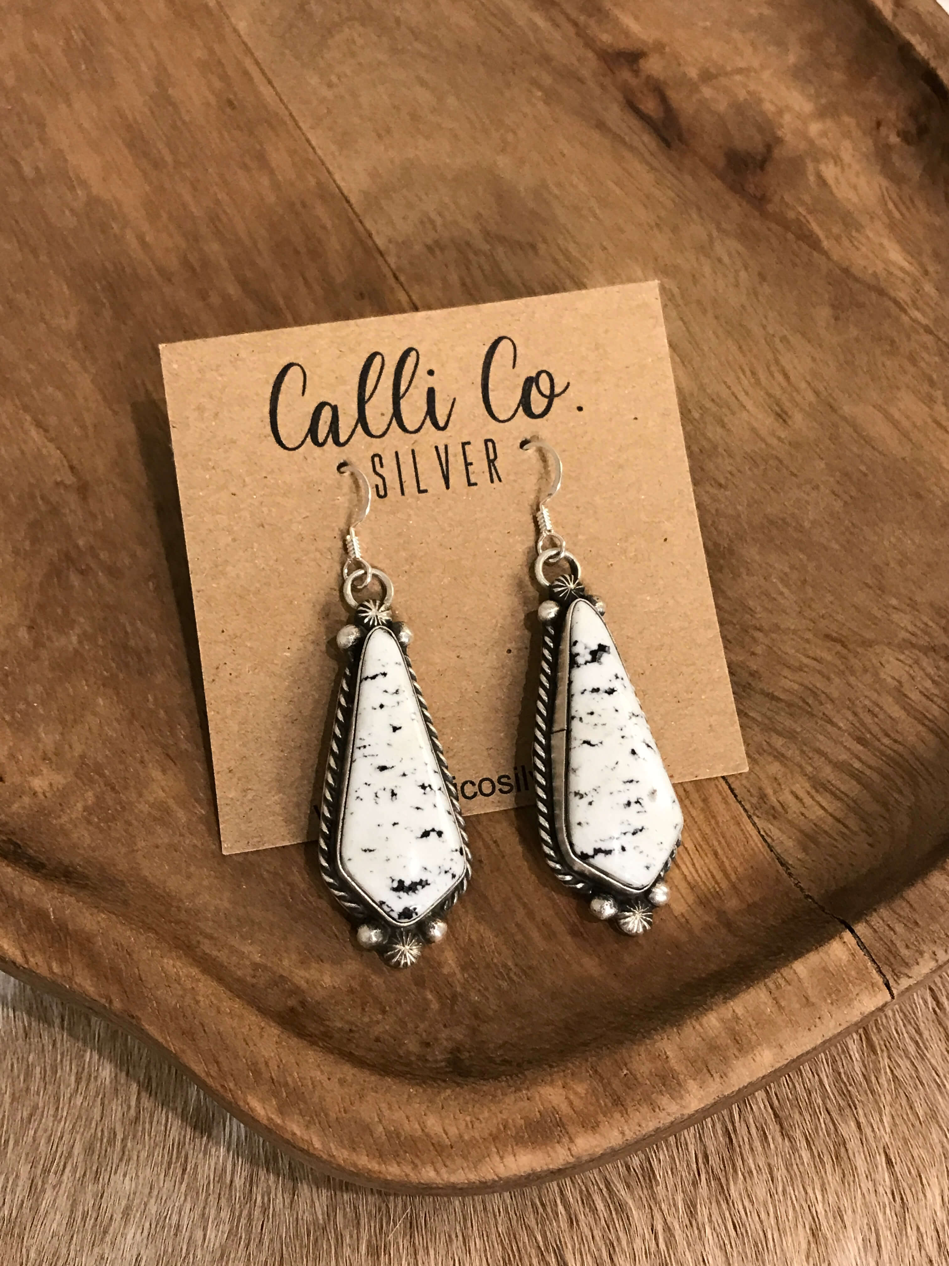 The White Buffalo Dangles, 5-Earrings-Calli Co., Turquoise and Silver Jewelry, Native American Handmade, Zuni Tribe, Navajo Tribe, Brock Texas