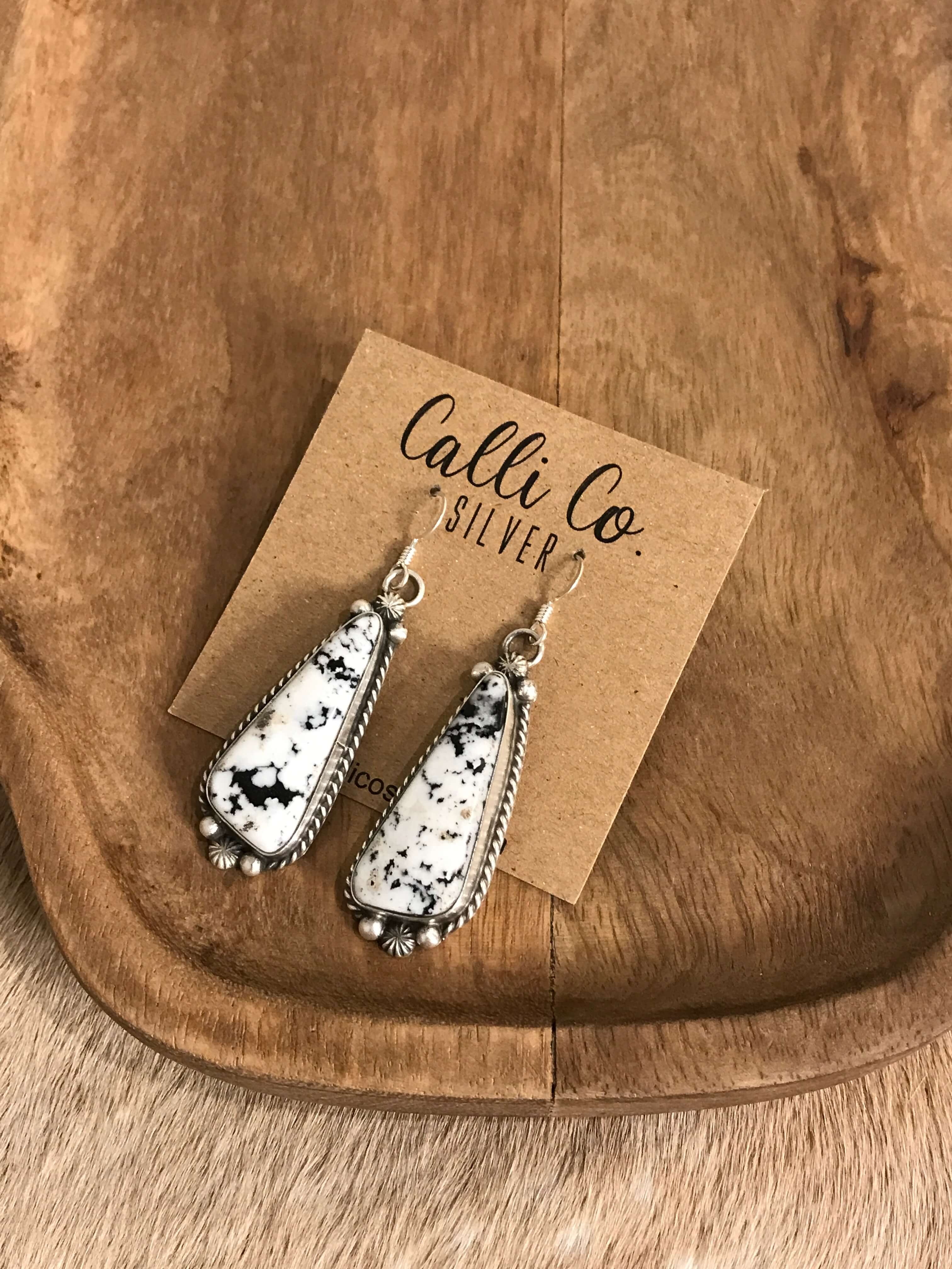 The White Buffalo Dangles, 6-Earrings-Calli Co., Turquoise and Silver Jewelry, Native American Handmade, Zuni Tribe, Navajo Tribe, Brock Texas