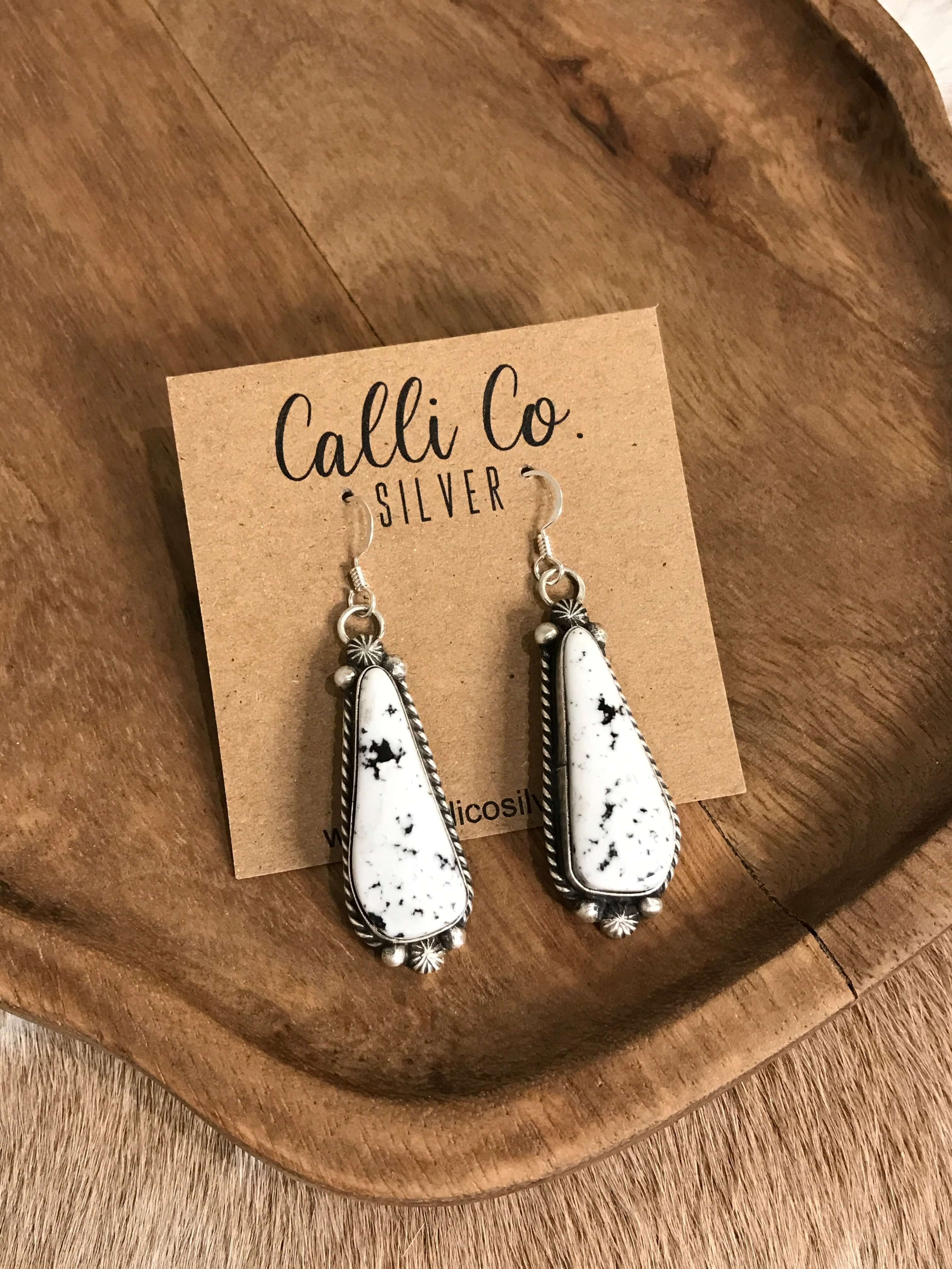 The White Buffalo Dangles, 7-Earrings-Calli Co., Turquoise and Silver Jewelry, Native American Handmade, Zuni Tribe, Navajo Tribe, Brock Texas