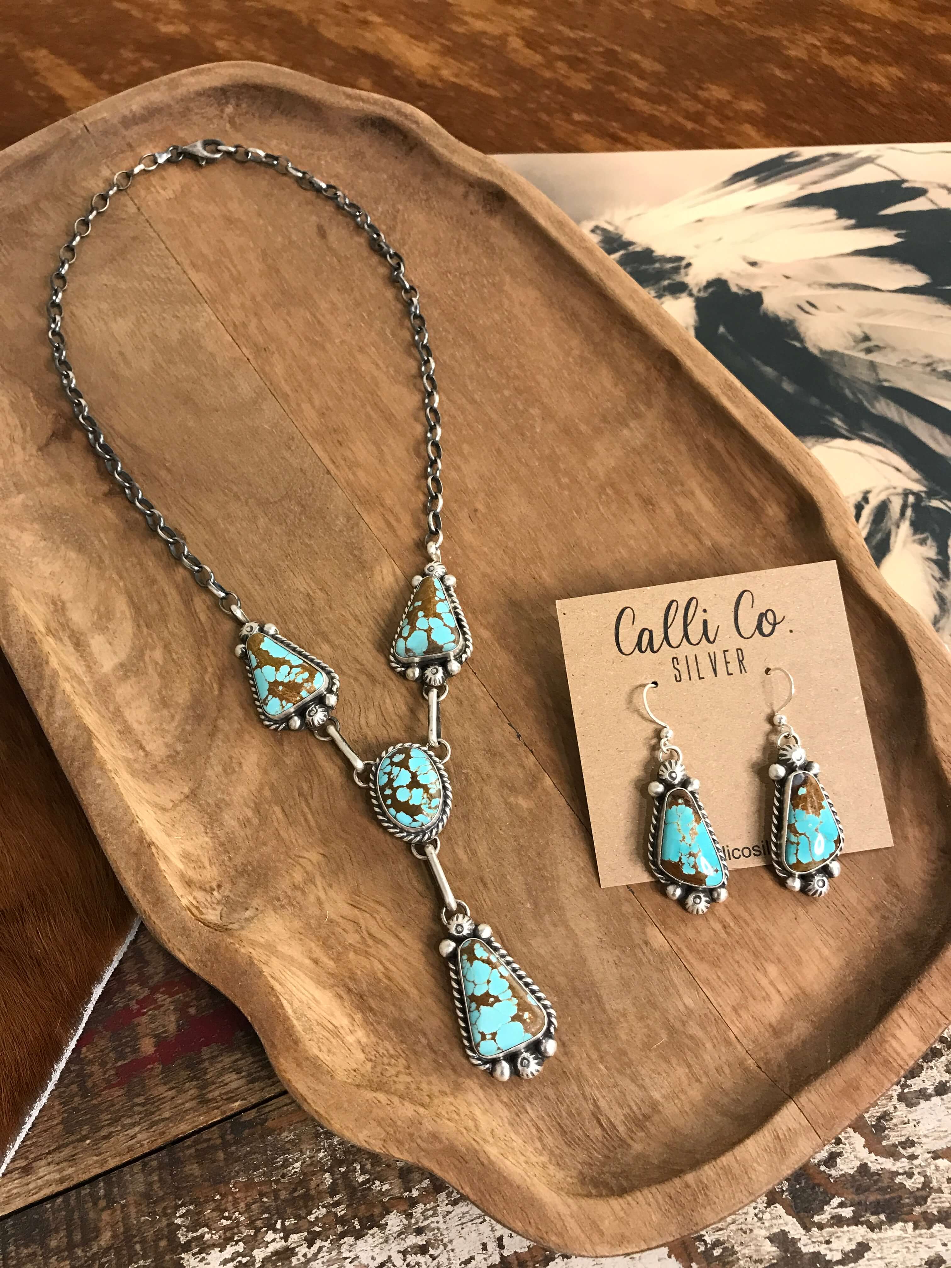 The Barzos Lariat Necklace Set-Necklaces-Calli Co., Turquoise and Silver Jewelry, Native American Handmade, Zuni Tribe, Navajo Tribe, Brock Texas