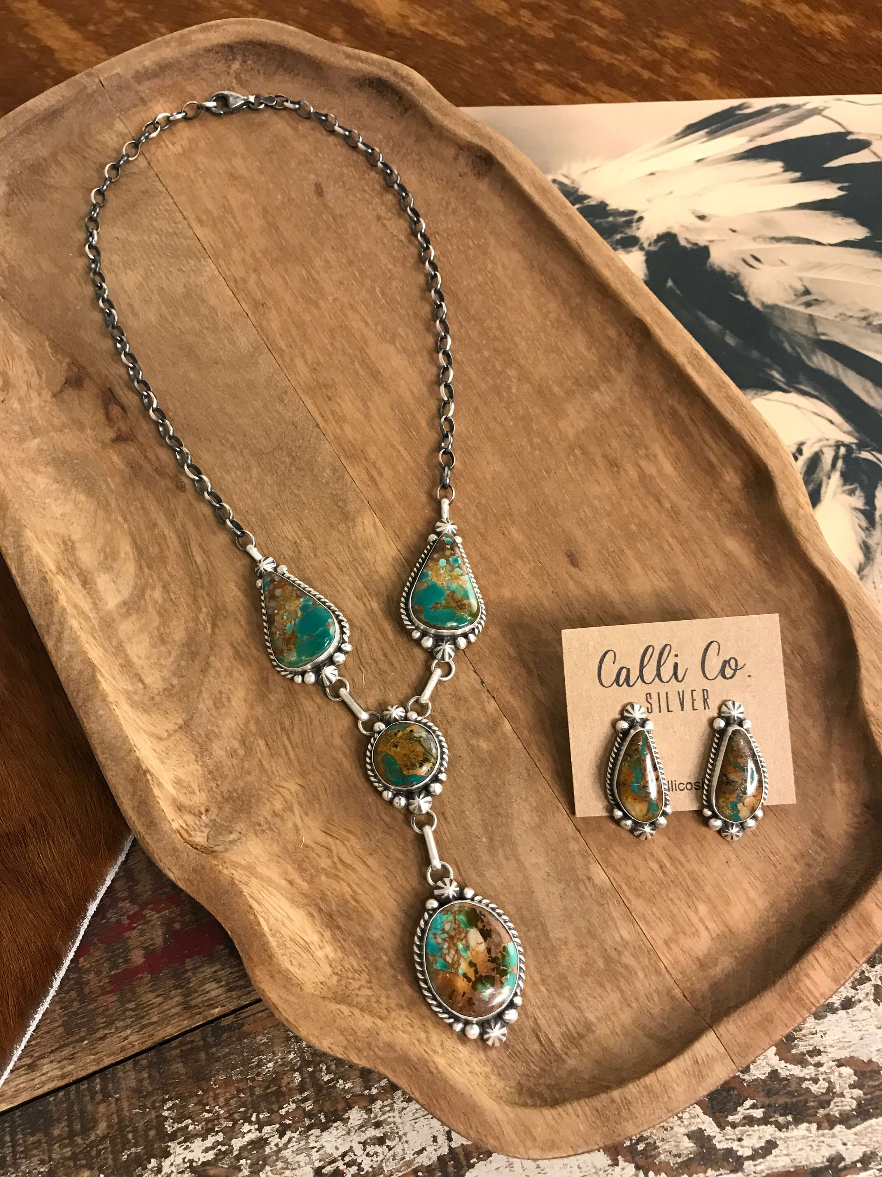 The Dolliver Lariat Necklace Set-Necklaces-Calli Co., Turquoise and Silver Jewelry, Native American Handmade, Zuni Tribe, Navajo Tribe, Brock Texas