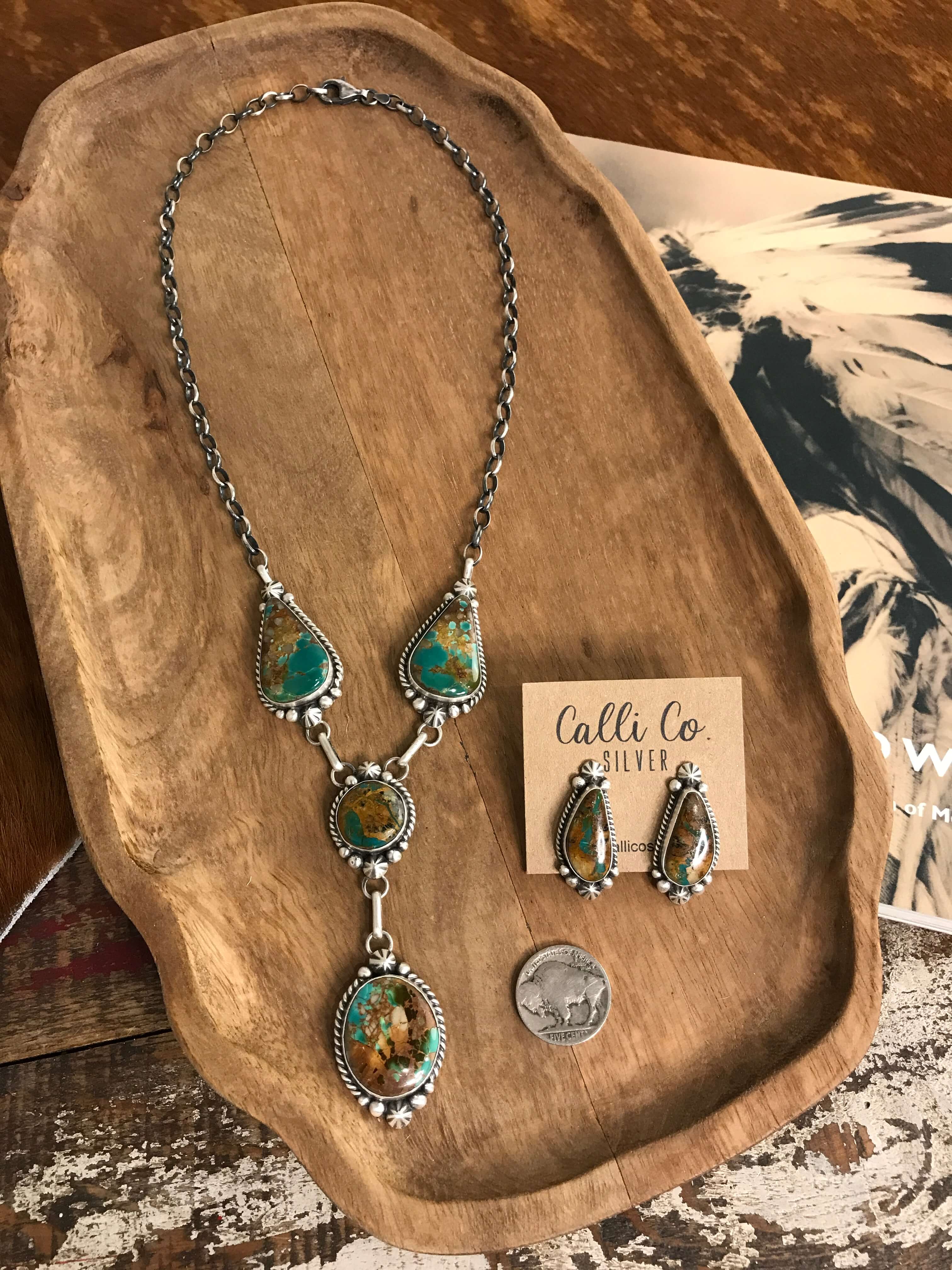 The Dolliver Lariat Necklace Set-Necklaces-Calli Co., Turquoise and Silver Jewelry, Native American Handmade, Zuni Tribe, Navajo Tribe, Brock Texas