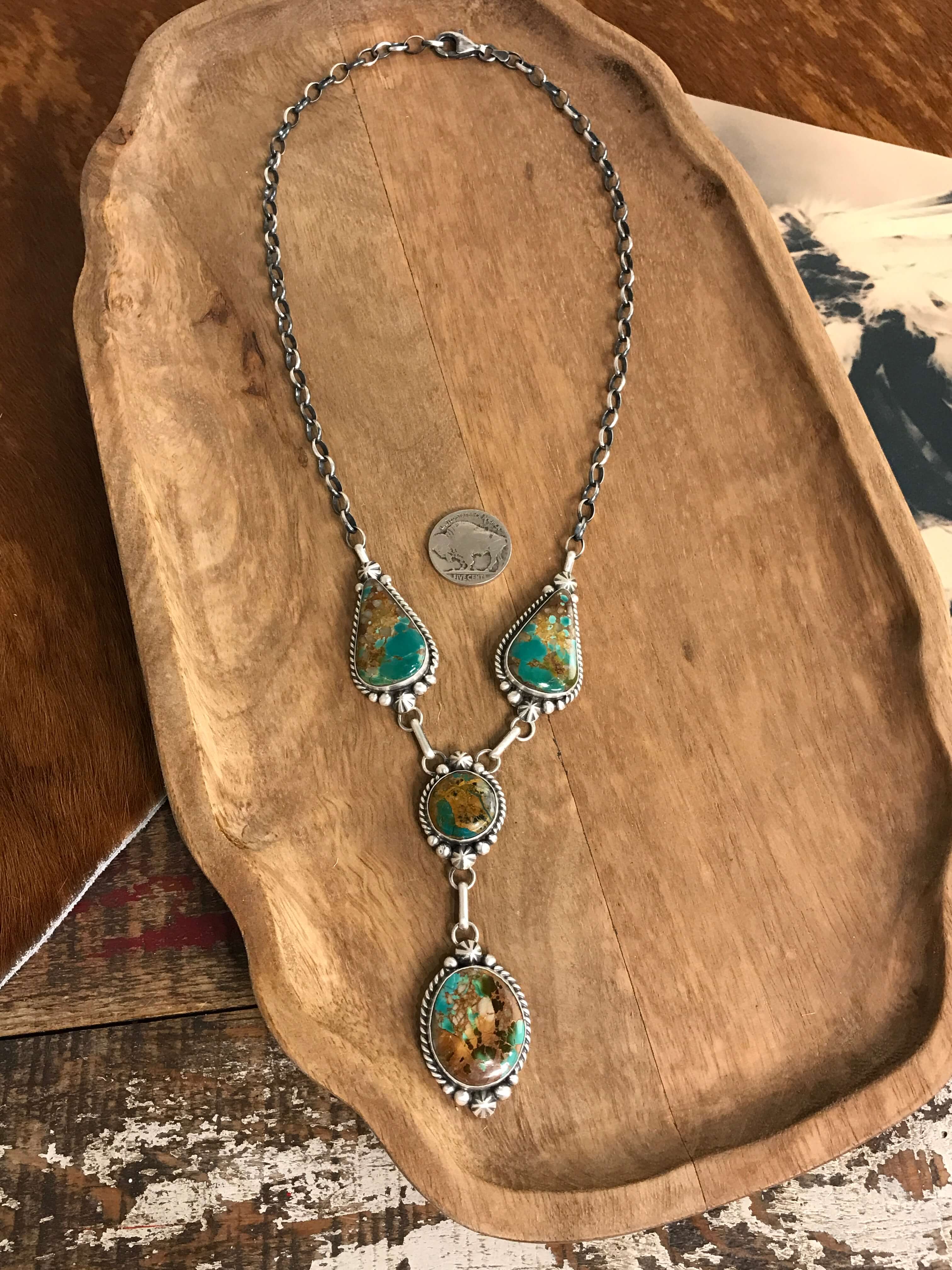 The Dolliver Lariat Necklace Set-Necklaces-Calli Co., Turquoise and Silver Jewelry, Native American Handmade, Zuni Tribe, Navajo Tribe, Brock Texas