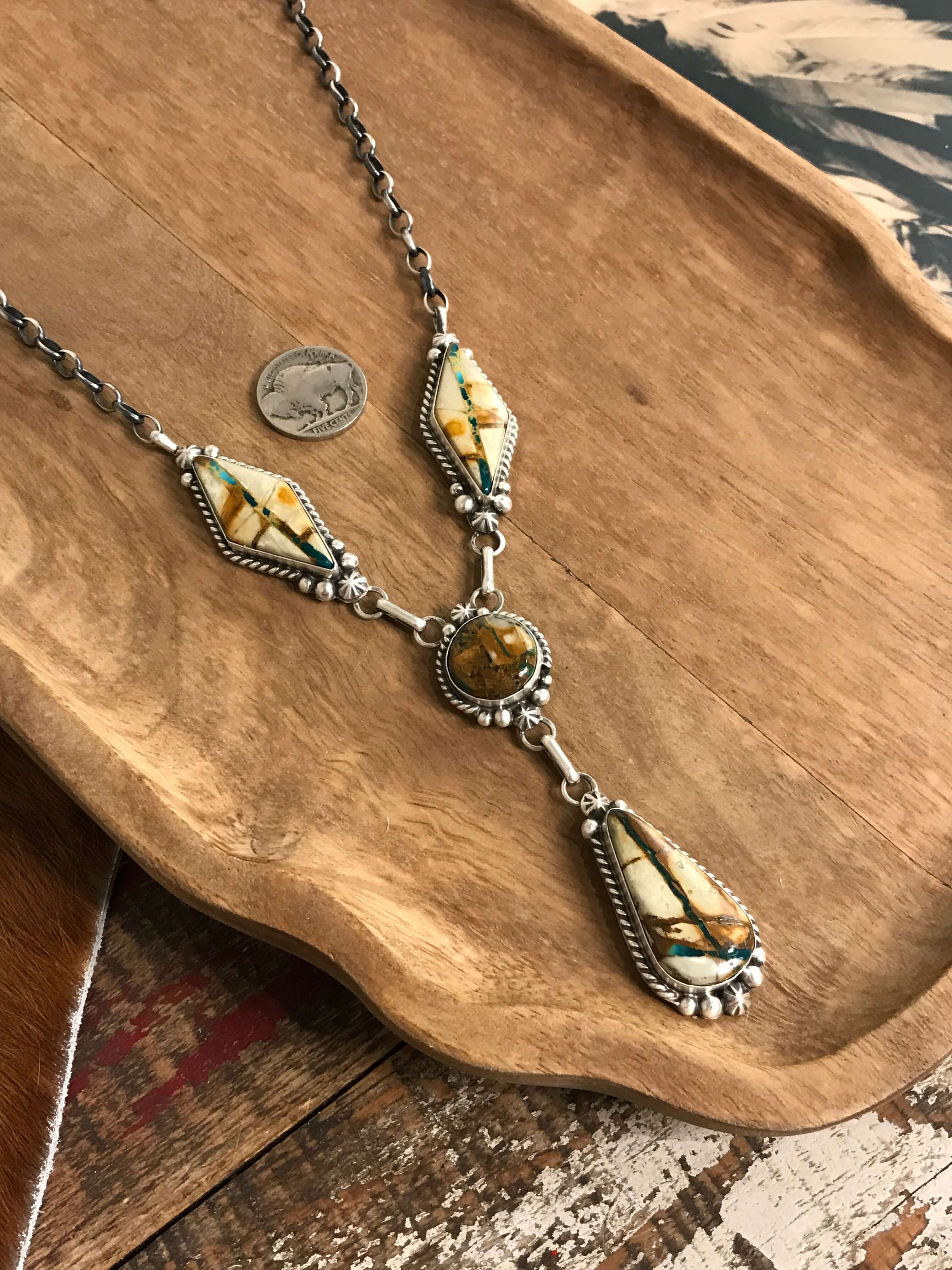 The Santa Cruz Lariat Necklace Set-Necklaces-Calli Co., Turquoise and Silver Jewelry, Native American Handmade, Zuni Tribe, Navajo Tribe, Brock Texas