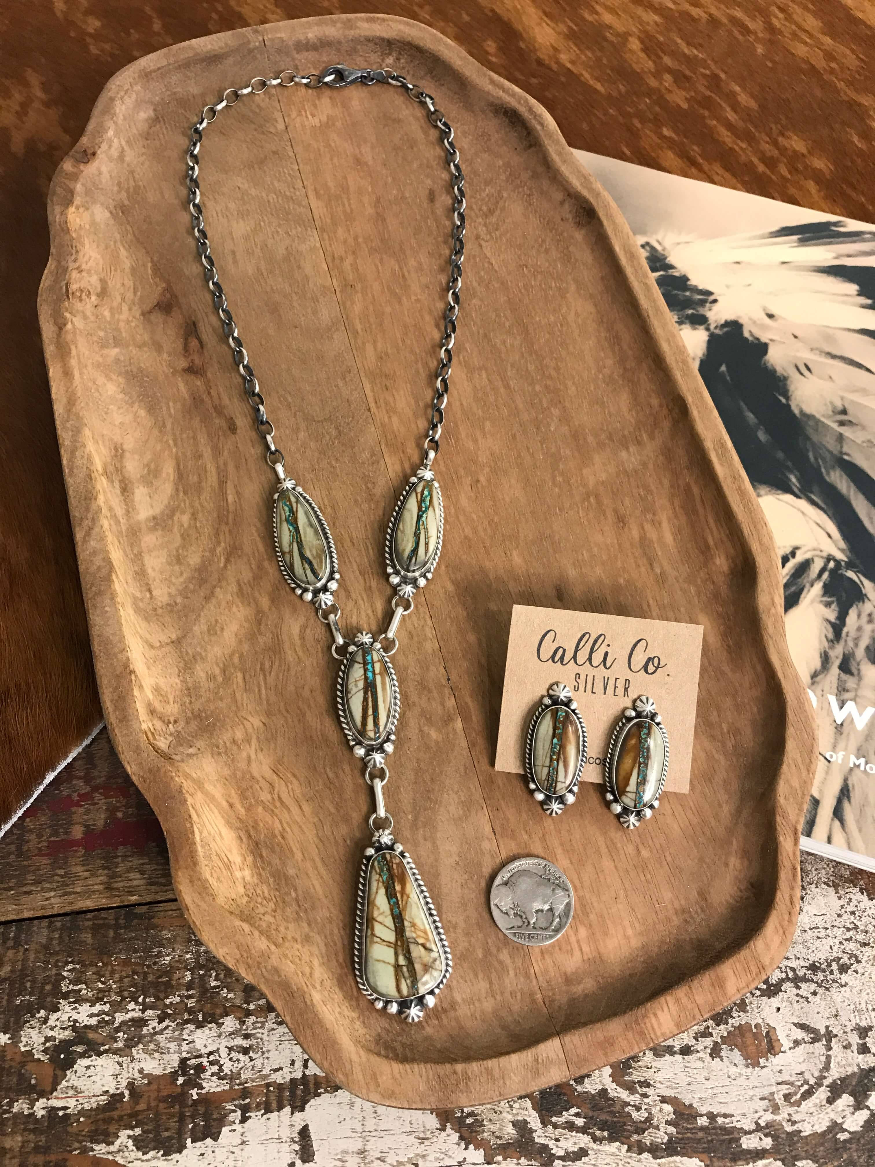 The Rio Lobo Lariat Necklace Set-Necklaces-Calli Co., Turquoise and Silver Jewelry, Native American Handmade, Zuni Tribe, Navajo Tribe, Brock Texas