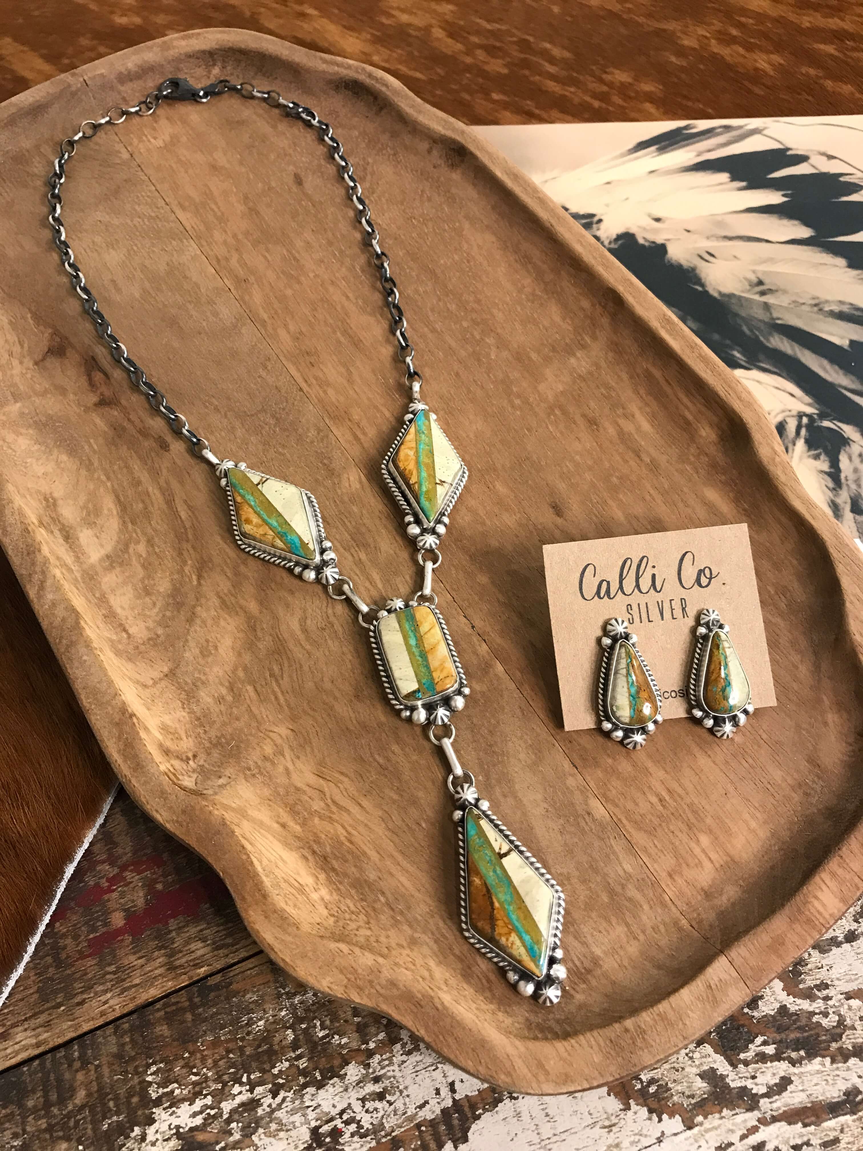 The Palo Pinto Lariat Necklace Set-Necklaces-Calli Co., Turquoise and Silver Jewelry, Native American Handmade, Zuni Tribe, Navajo Tribe, Brock Texas