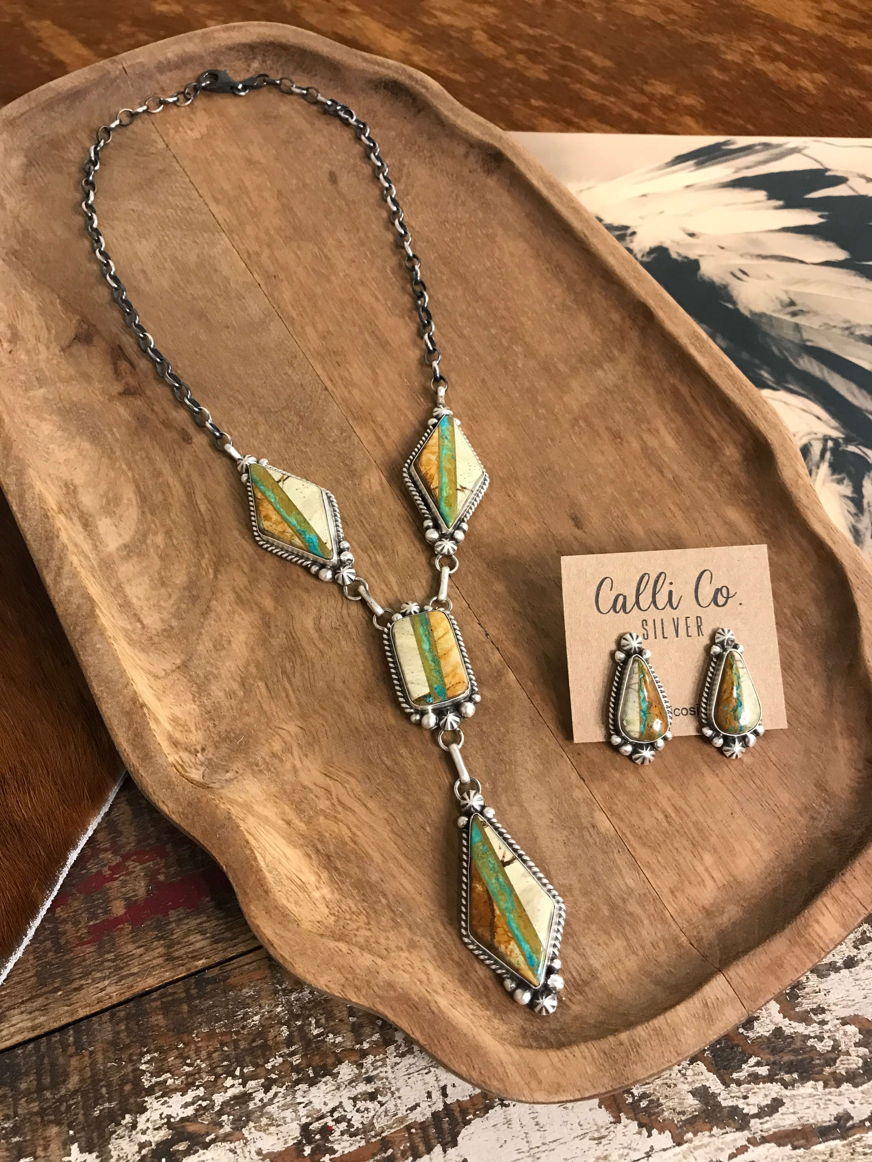 The Palo Pinto Lariat Necklace Set-Necklaces-Calli Co., Turquoise and Silver Jewelry, Native American Handmade, Zuni Tribe, Navajo Tribe, Brock Texas