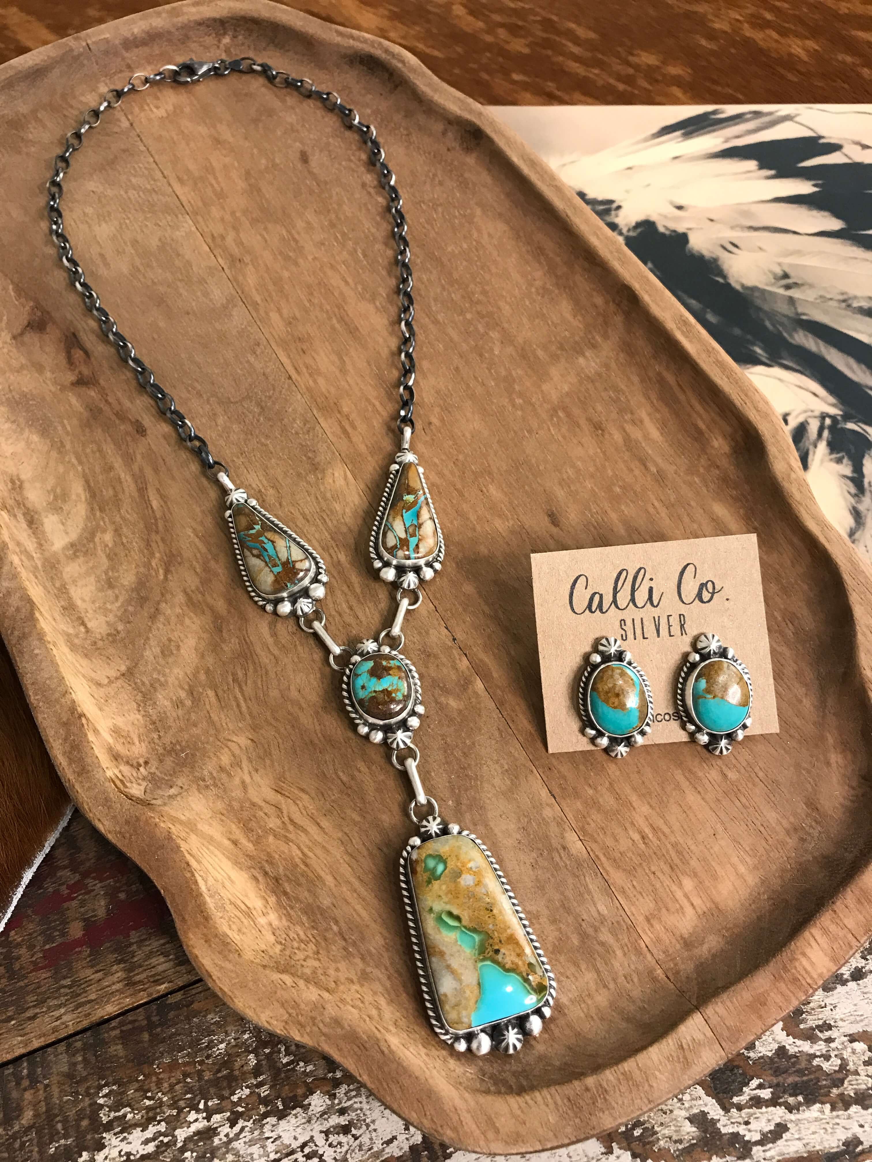 The Hillcrest Lariat Necklace Set-Necklaces-Calli Co., Turquoise and Silver Jewelry, Native American Handmade, Zuni Tribe, Navajo Tribe, Brock Texas