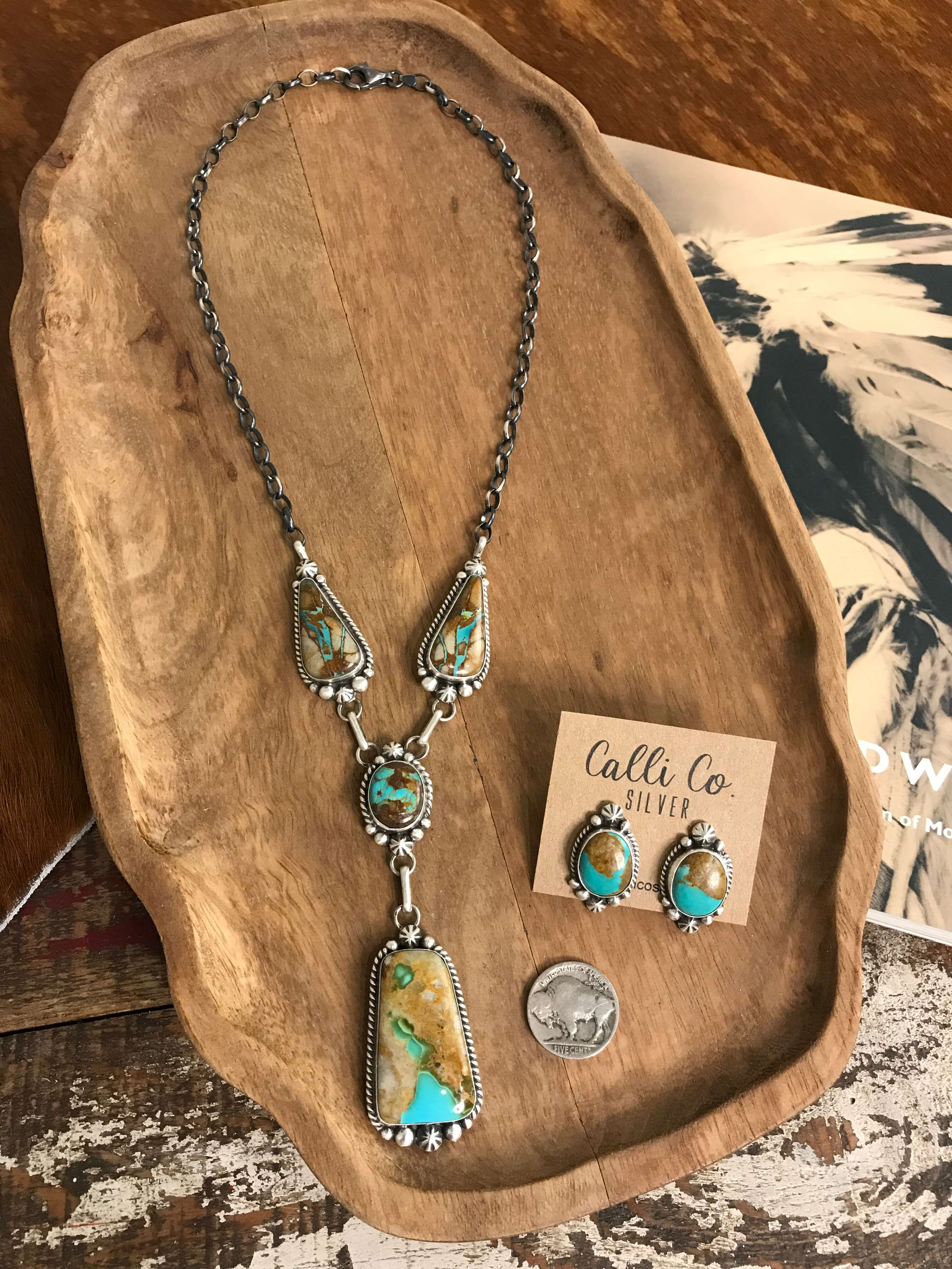 The Hillcrest Lariat Necklace Set-Necklaces-Calli Co., Turquoise and Silver Jewelry, Native American Handmade, Zuni Tribe, Navajo Tribe, Brock Texas