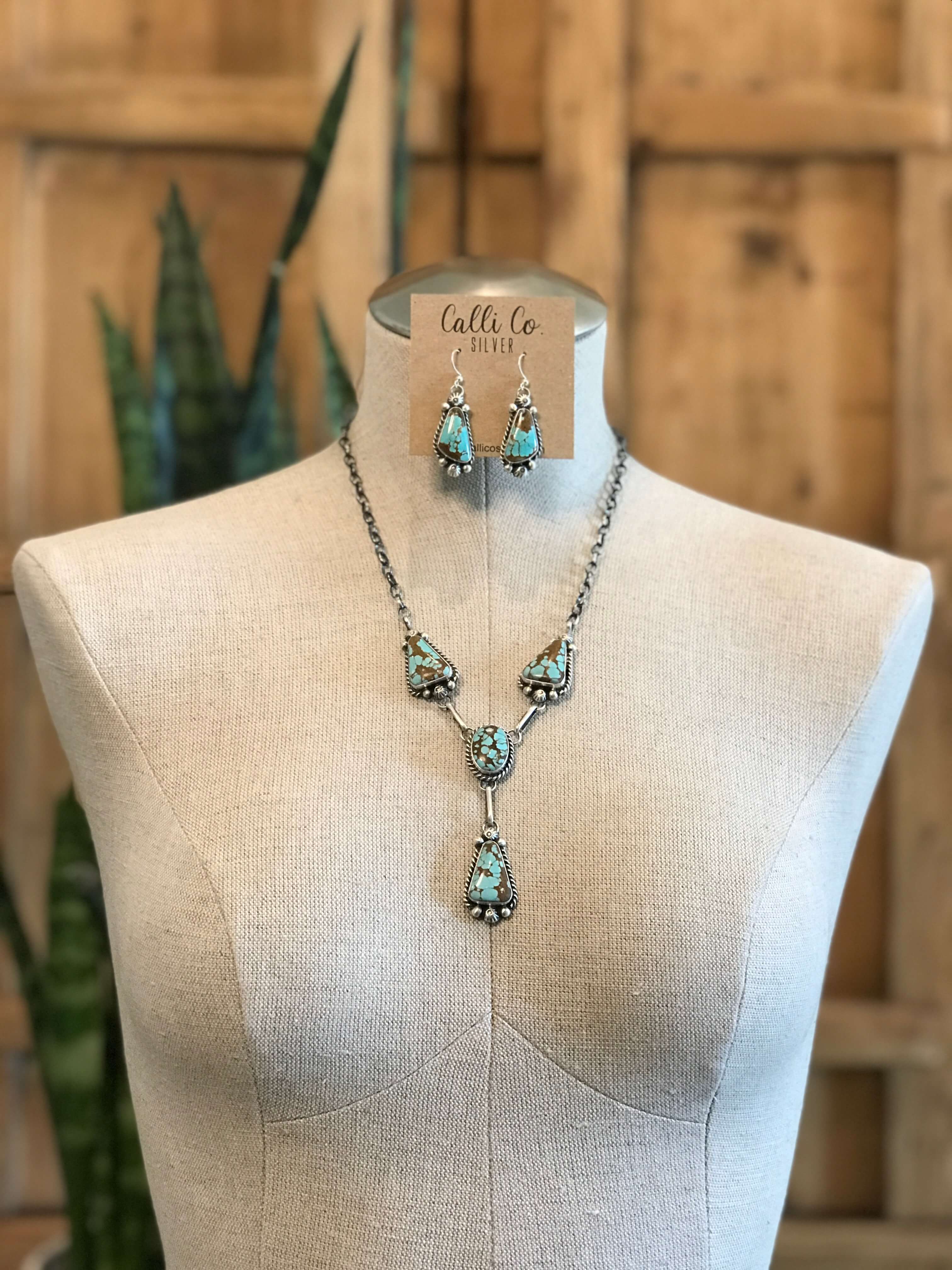 The Barzos Lariat Necklace Set-Necklaces-Calli Co., Turquoise and Silver Jewelry, Native American Handmade, Zuni Tribe, Navajo Tribe, Brock Texas