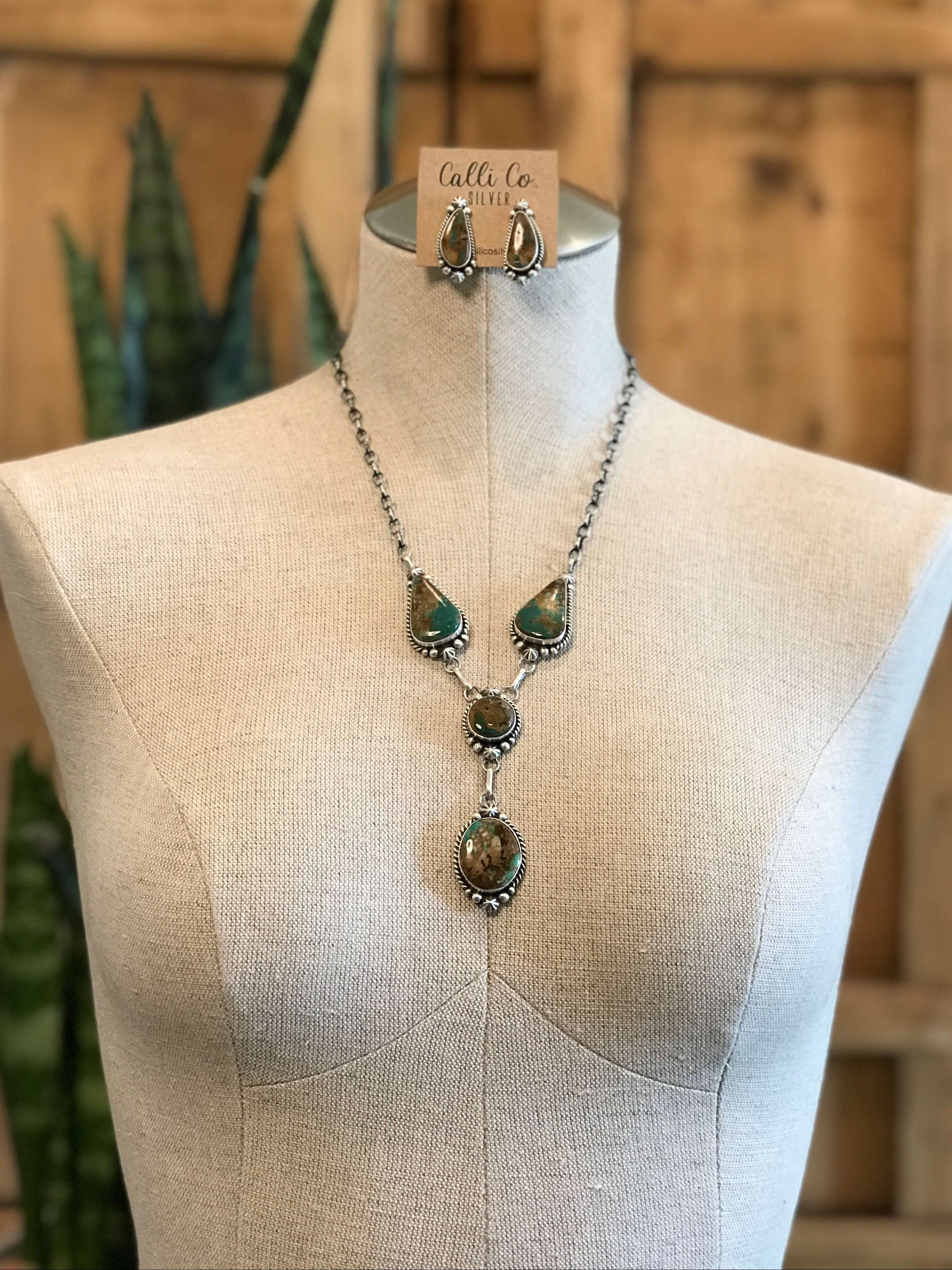 The Dolliver Lariat Necklace Set-Necklaces-Calli Co., Turquoise and Silver Jewelry, Native American Handmade, Zuni Tribe, Navajo Tribe, Brock Texas