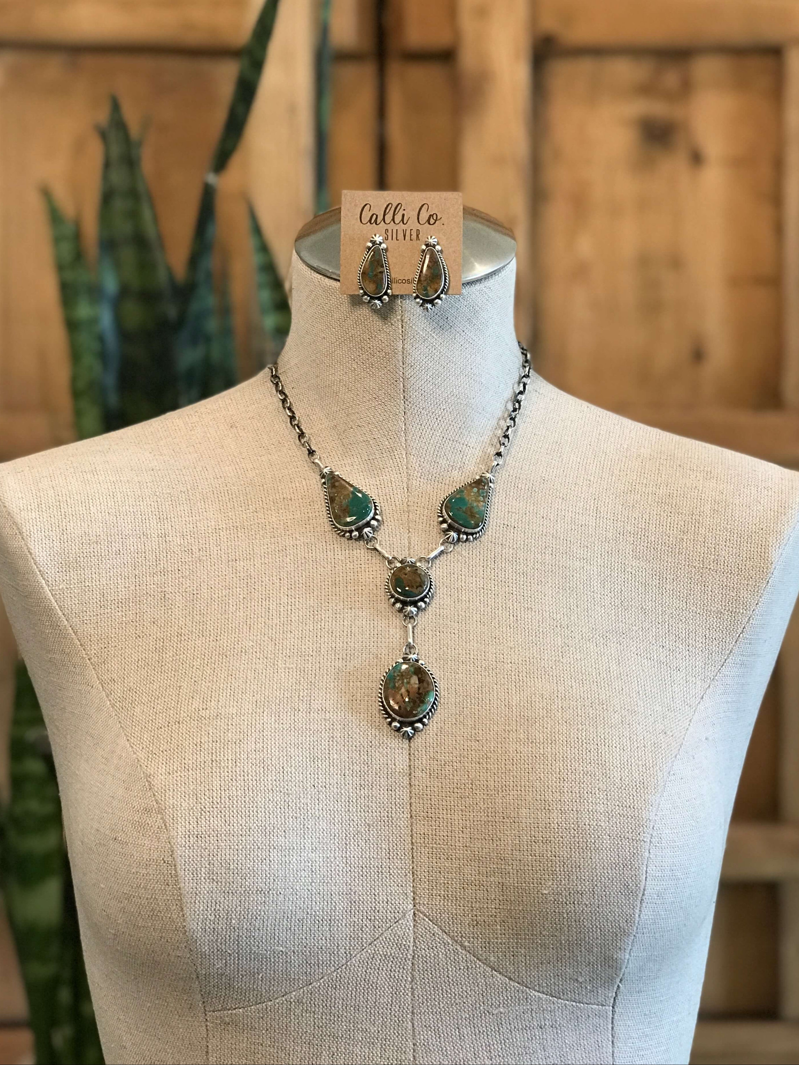 The Dolliver Lariat Necklace Set-Necklaces-Calli Co., Turquoise and Silver Jewelry, Native American Handmade, Zuni Tribe, Navajo Tribe, Brock Texas