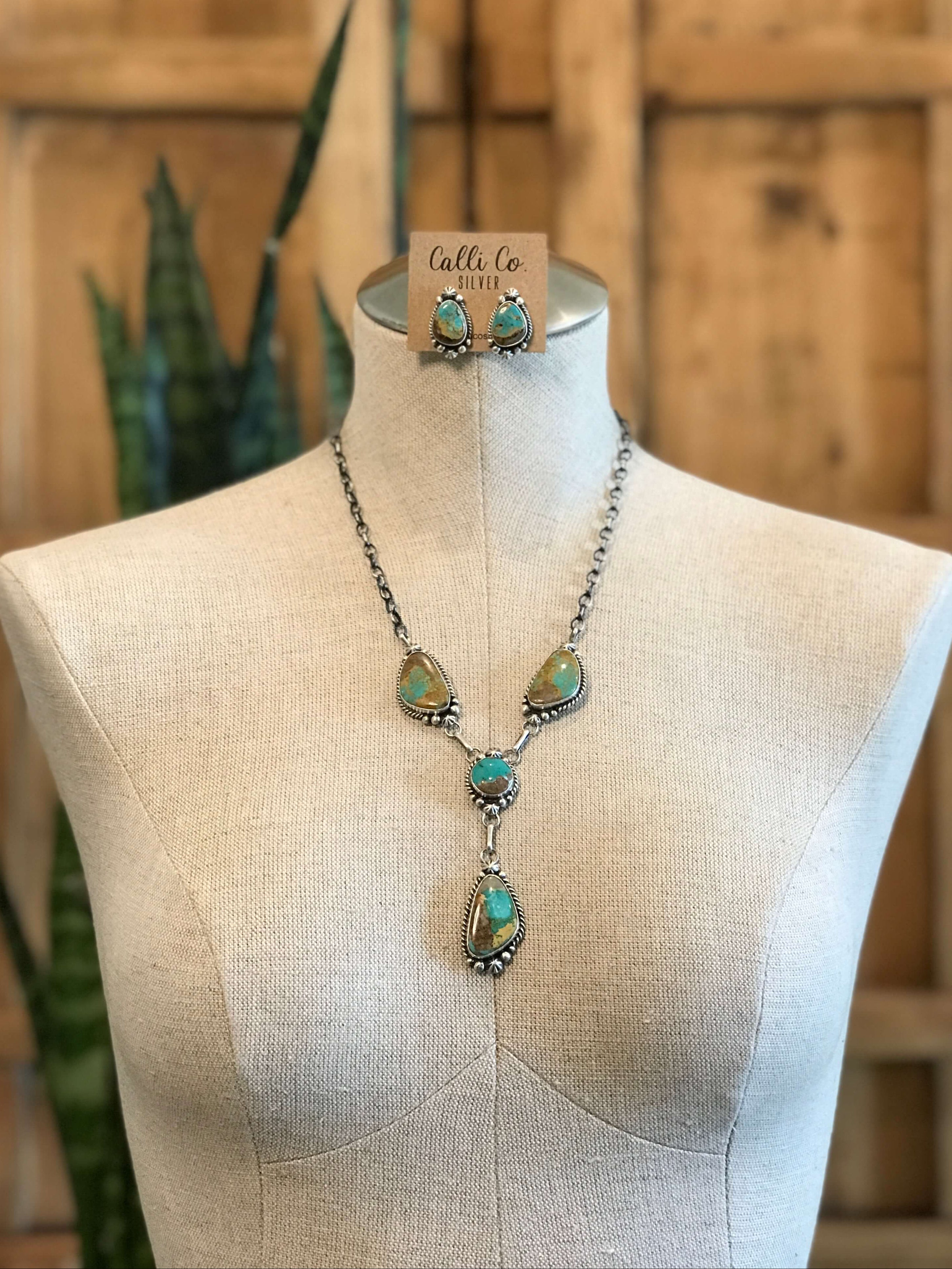 The Sabino Lariat Necklace Set-Necklaces-Calli Co., Turquoise and Silver Jewelry, Native American Handmade, Zuni Tribe, Navajo Tribe, Brock Texas