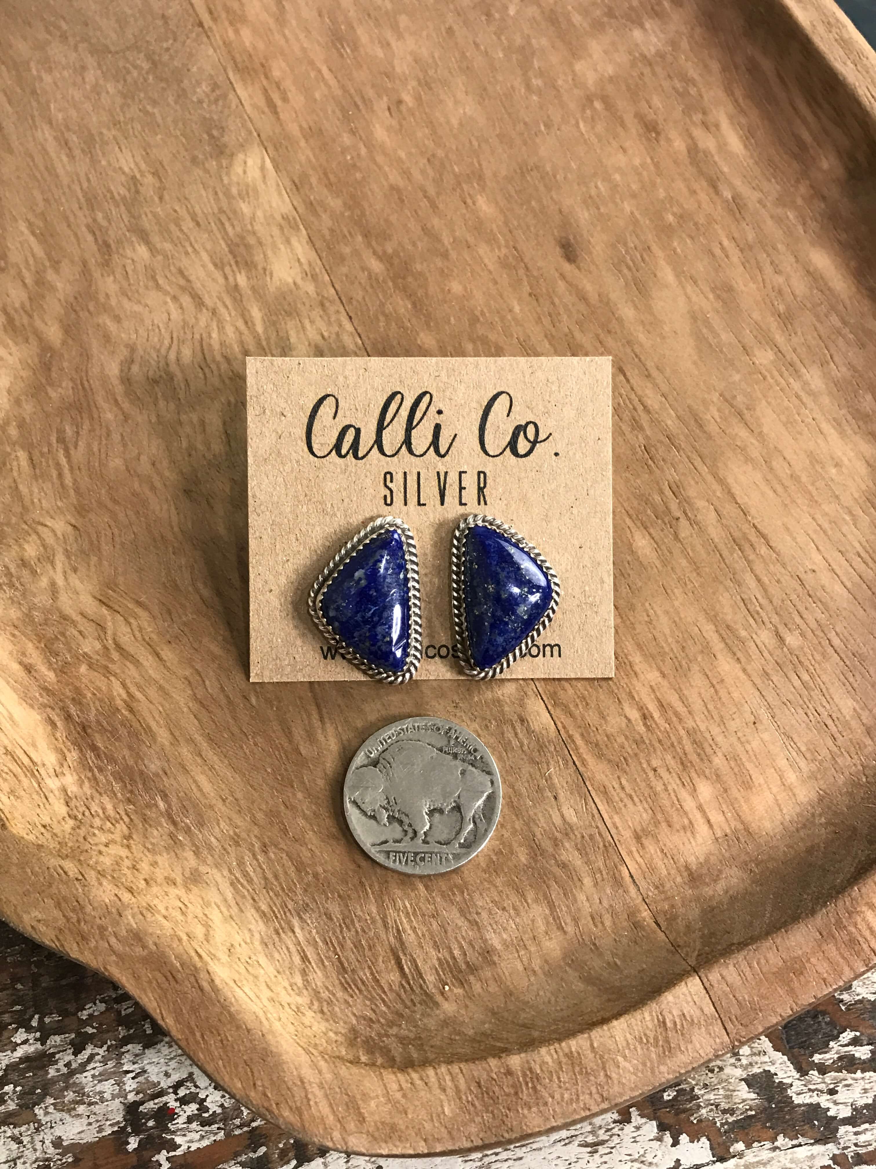 The Lost Creek Lapis Studs, 1-Earrings-Calli Co., Turquoise and Silver Jewelry, Native American Handmade, Zuni Tribe, Navajo Tribe, Brock Texas