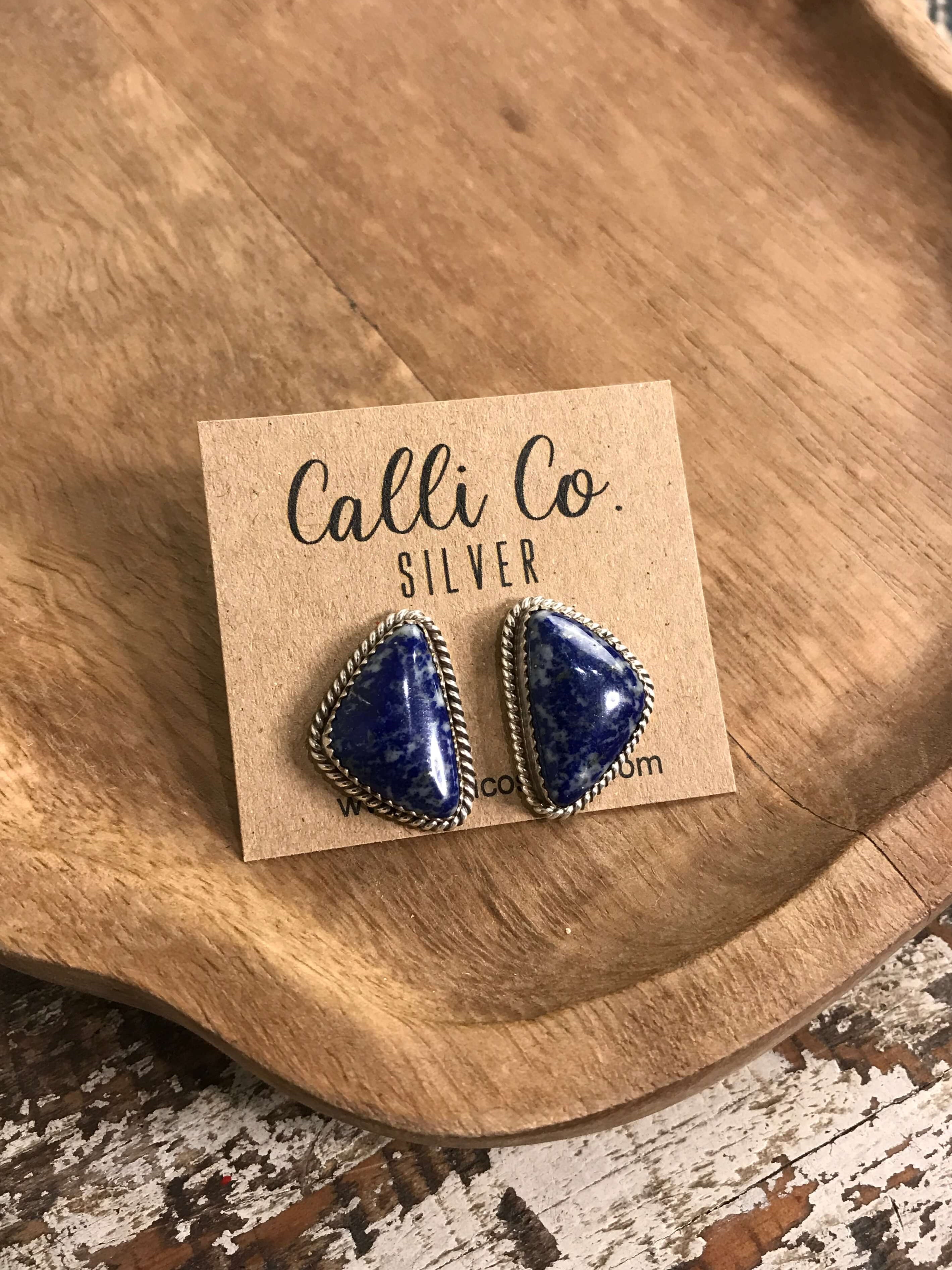 The Lost Creek Lapis Studs, 2-Earrings-Calli Co., Turquoise and Silver Jewelry, Native American Handmade, Zuni Tribe, Navajo Tribe, Brock Texas