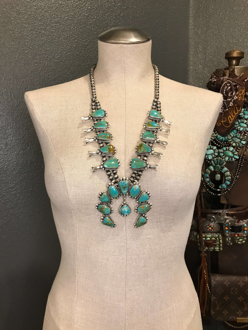 The Caledo Squash Blossom Necklace Set-Necklaces-Calli Co., Turquoise and Silver Jewelry, Native American Handmade, Zuni Tribe, Navajo Tribe, Brock Texas