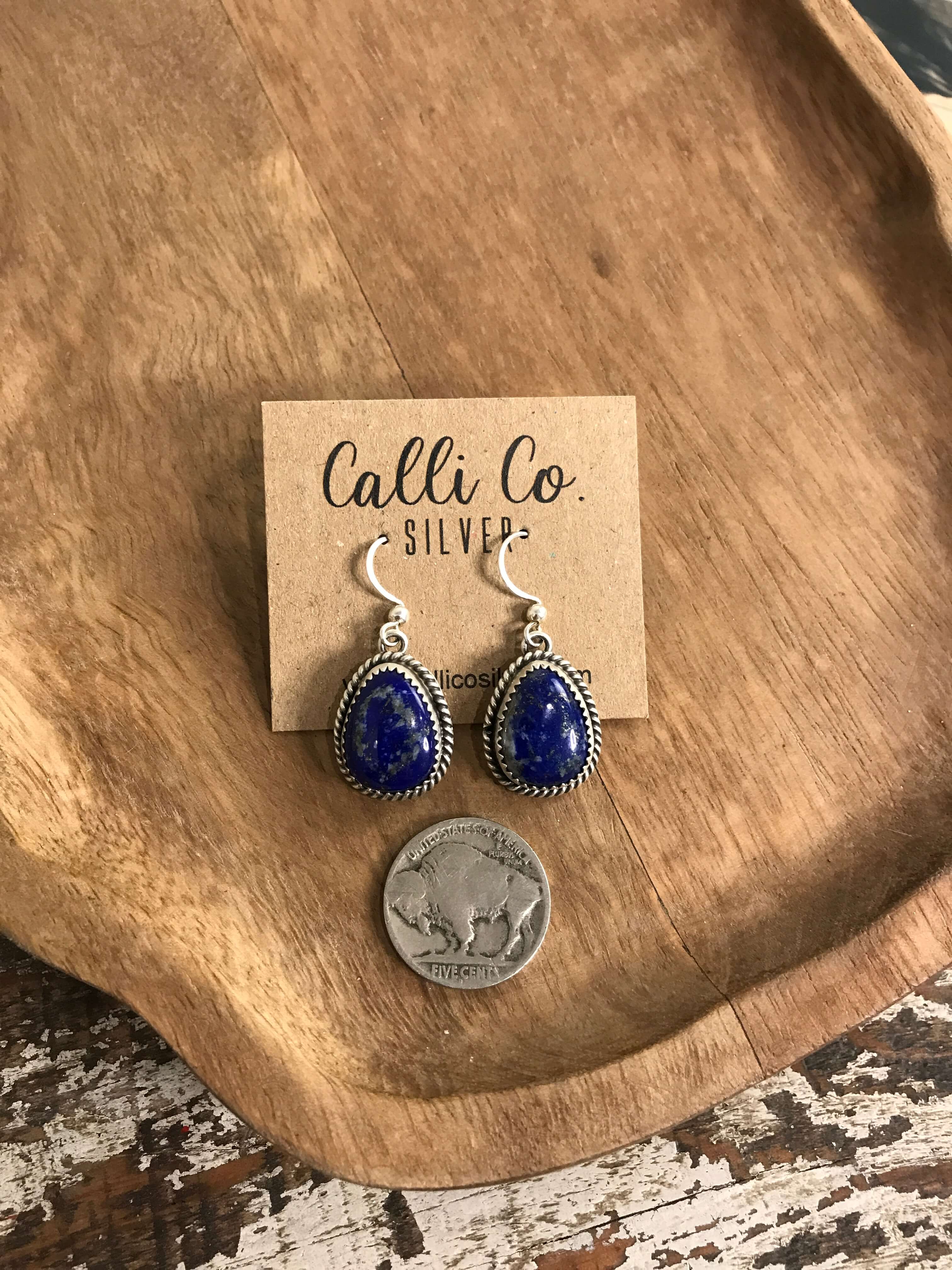 The Jude Lapis Dangles, 1-Earrings-Calli Co., Turquoise and Silver Jewelry, Native American Handmade, Zuni Tribe, Navajo Tribe, Brock Texas