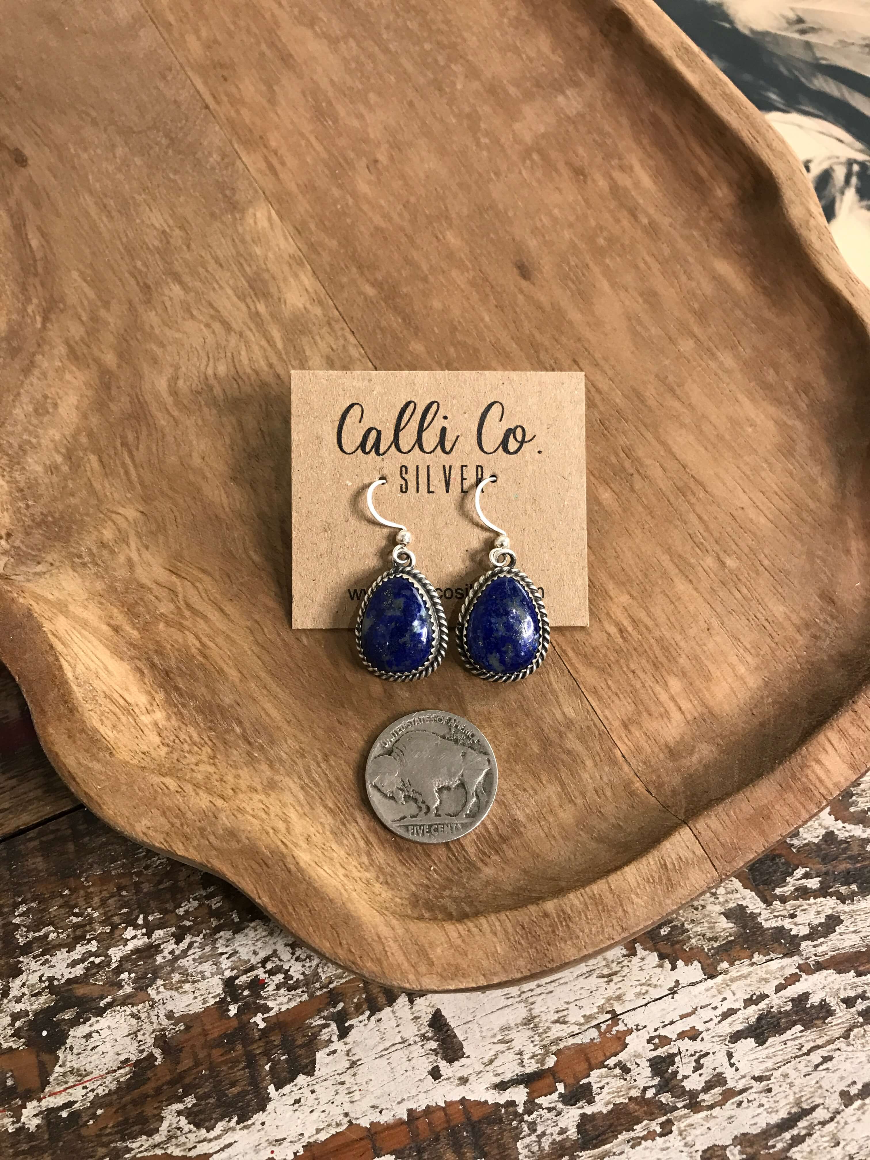 The Jude Lapis Dangles, 3-Earrings-Calli Co., Turquoise and Silver Jewelry, Native American Handmade, Zuni Tribe, Navajo Tribe, Brock Texas