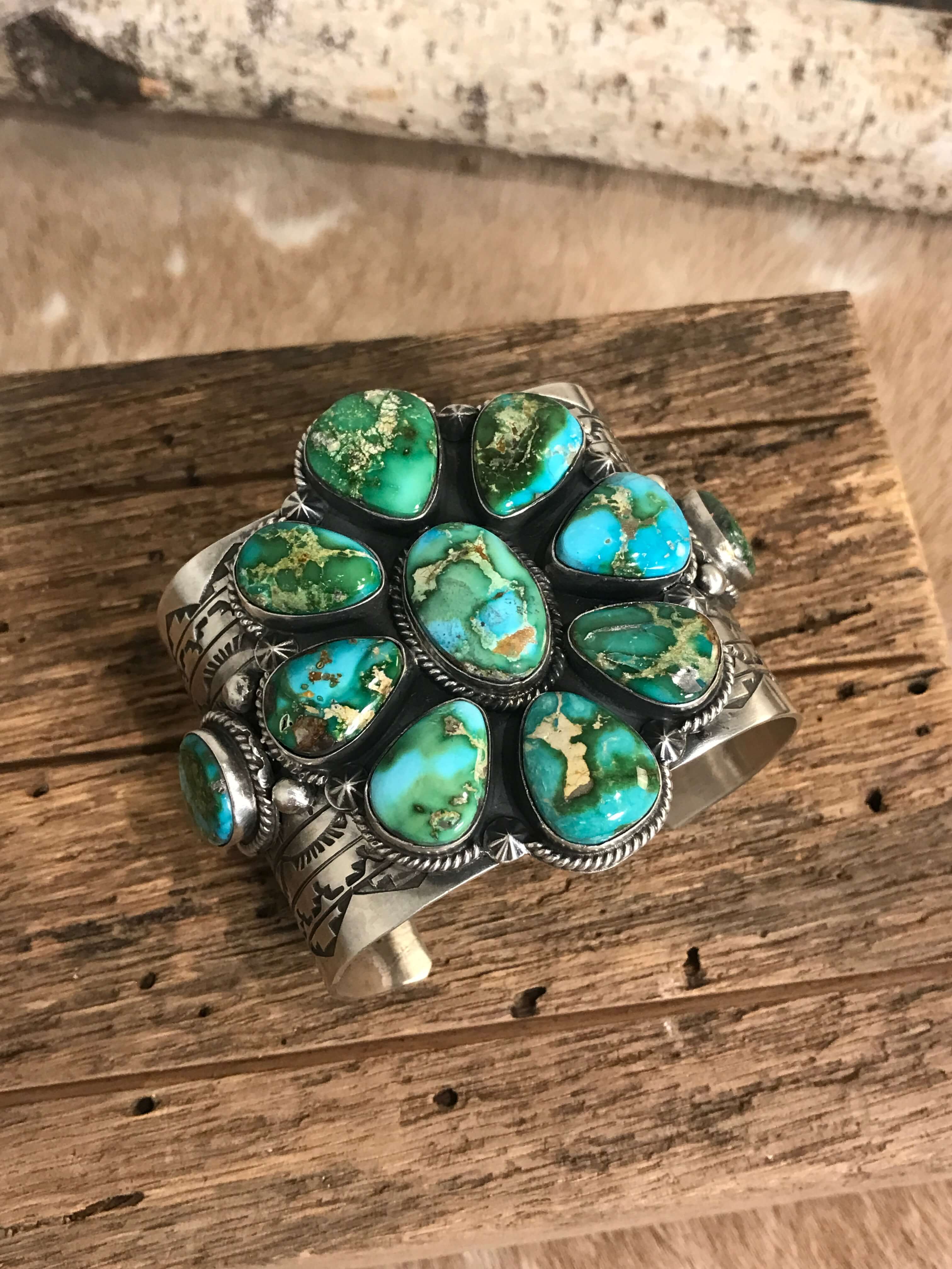 The Wellton Turquoise Cluster Cuff-Bracelets & Cuffs-Calli Co., Turquoise and Silver Jewelry, Native American Handmade, Zuni Tribe, Navajo Tribe, Brock Texas