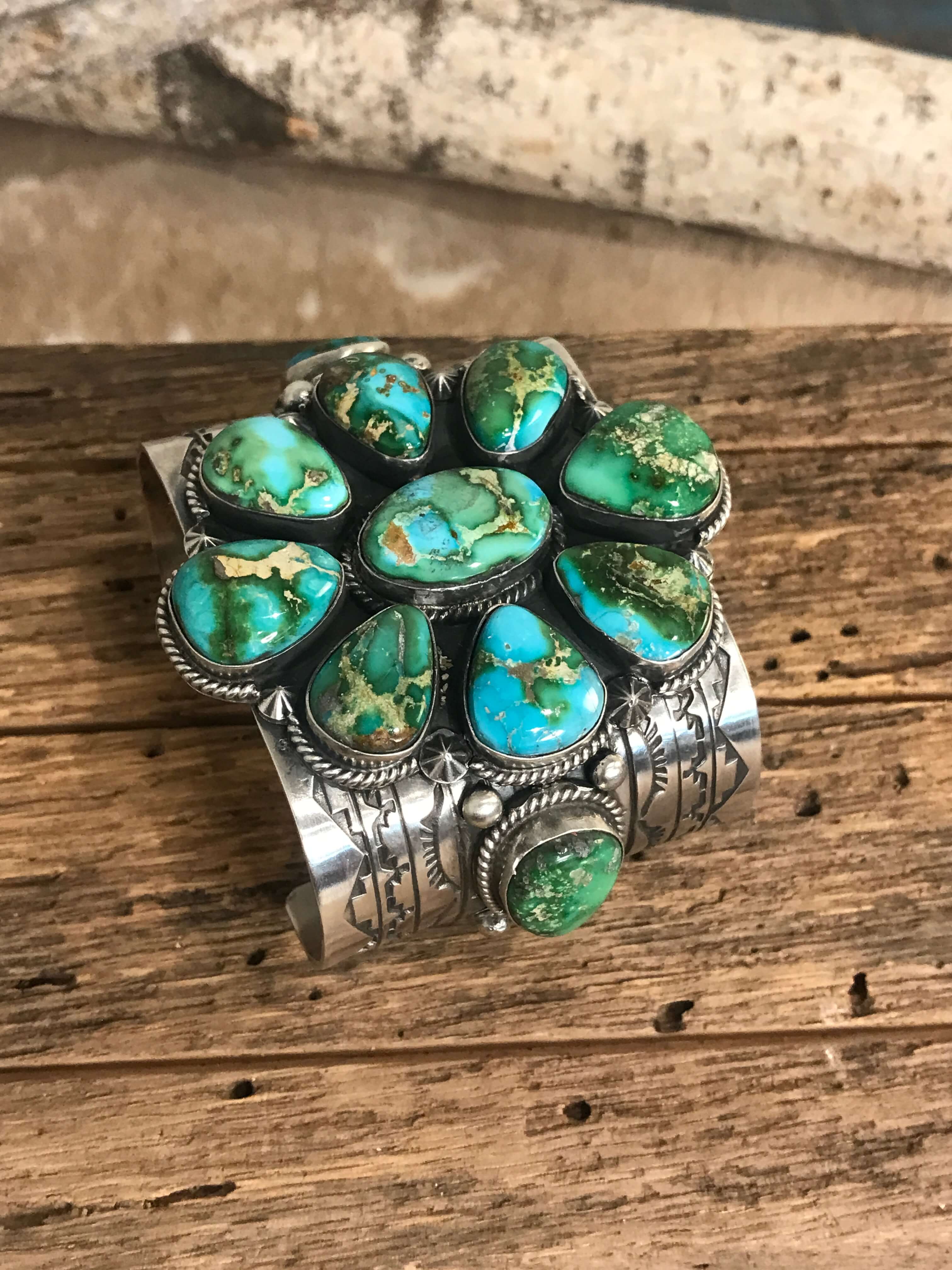 The Wellton Turquoise Cluster Cuff-Bracelets & Cuffs-Calli Co., Turquoise and Silver Jewelry, Native American Handmade, Zuni Tribe, Navajo Tribe, Brock Texas