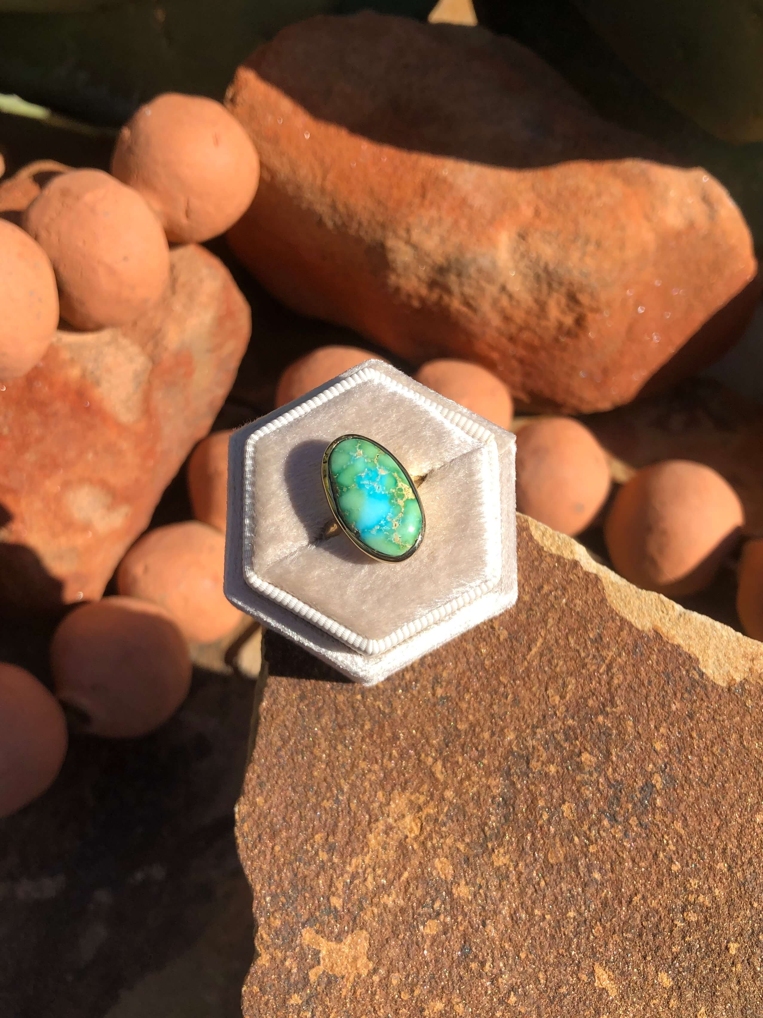 The London 14k and Turquoise Ring 12, Sz 7-Rings-Calli Co., Turquoise and Silver Jewelry, Native American Handmade, Zuni Tribe, Navajo Tribe, Brock Texas