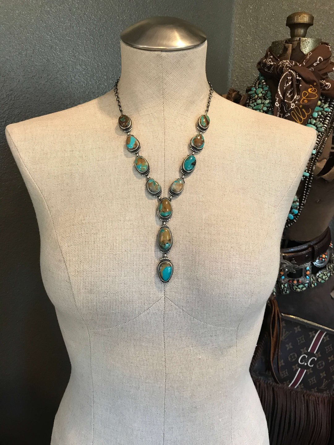 The Everyl Boulder Turquoise Lariat Necklace Set-Necklaces-Calli Co., Turquoise and Silver Jewelry, Native American Handmade, Zuni Tribe, Navajo Tribe, Brock Texas