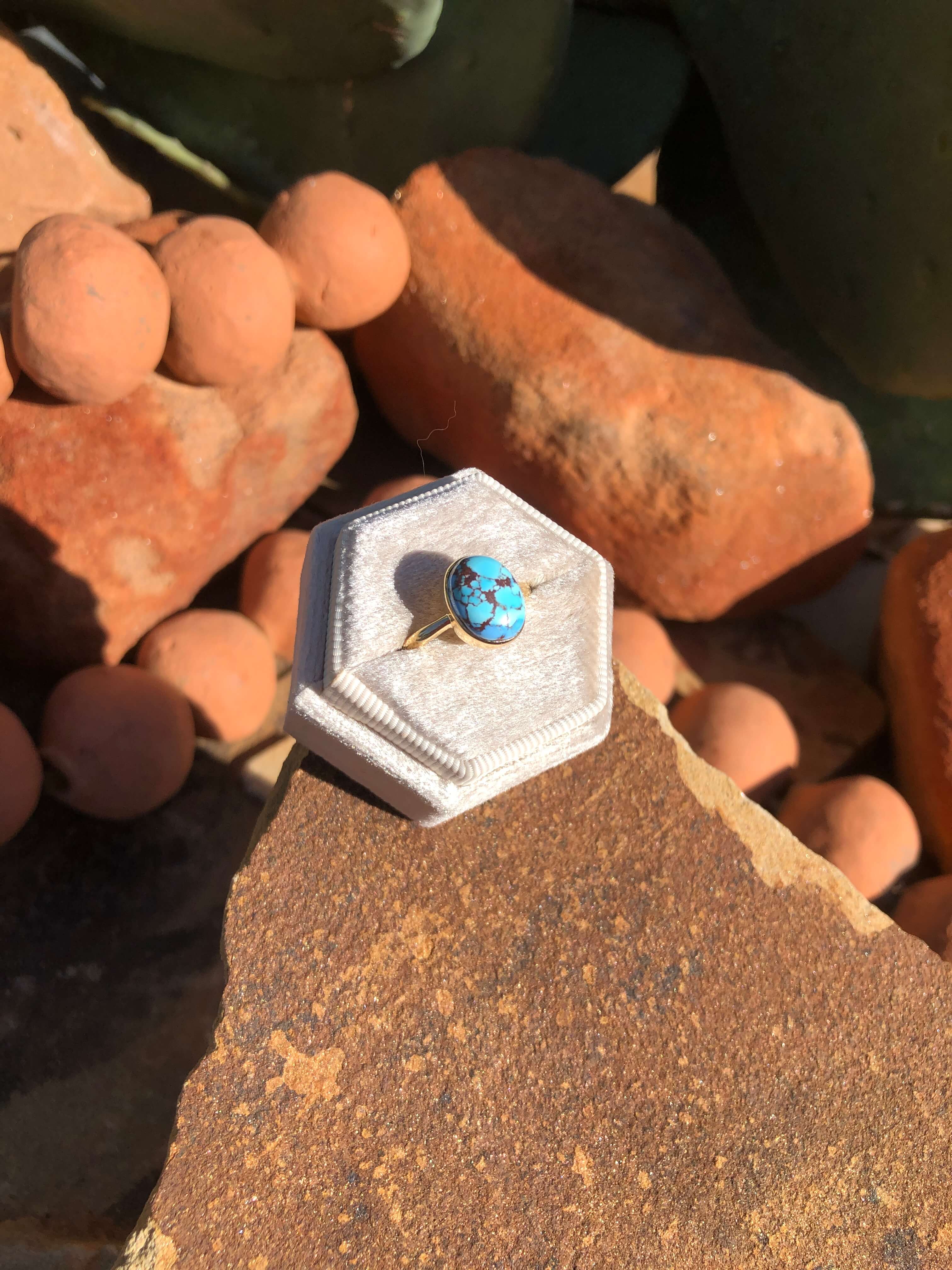 The London 14k and Turquoise Ring 21, Sz 8-Rings-Calli Co., Turquoise and Silver Jewelry, Native American Handmade, Zuni Tribe, Navajo Tribe, Brock Texas