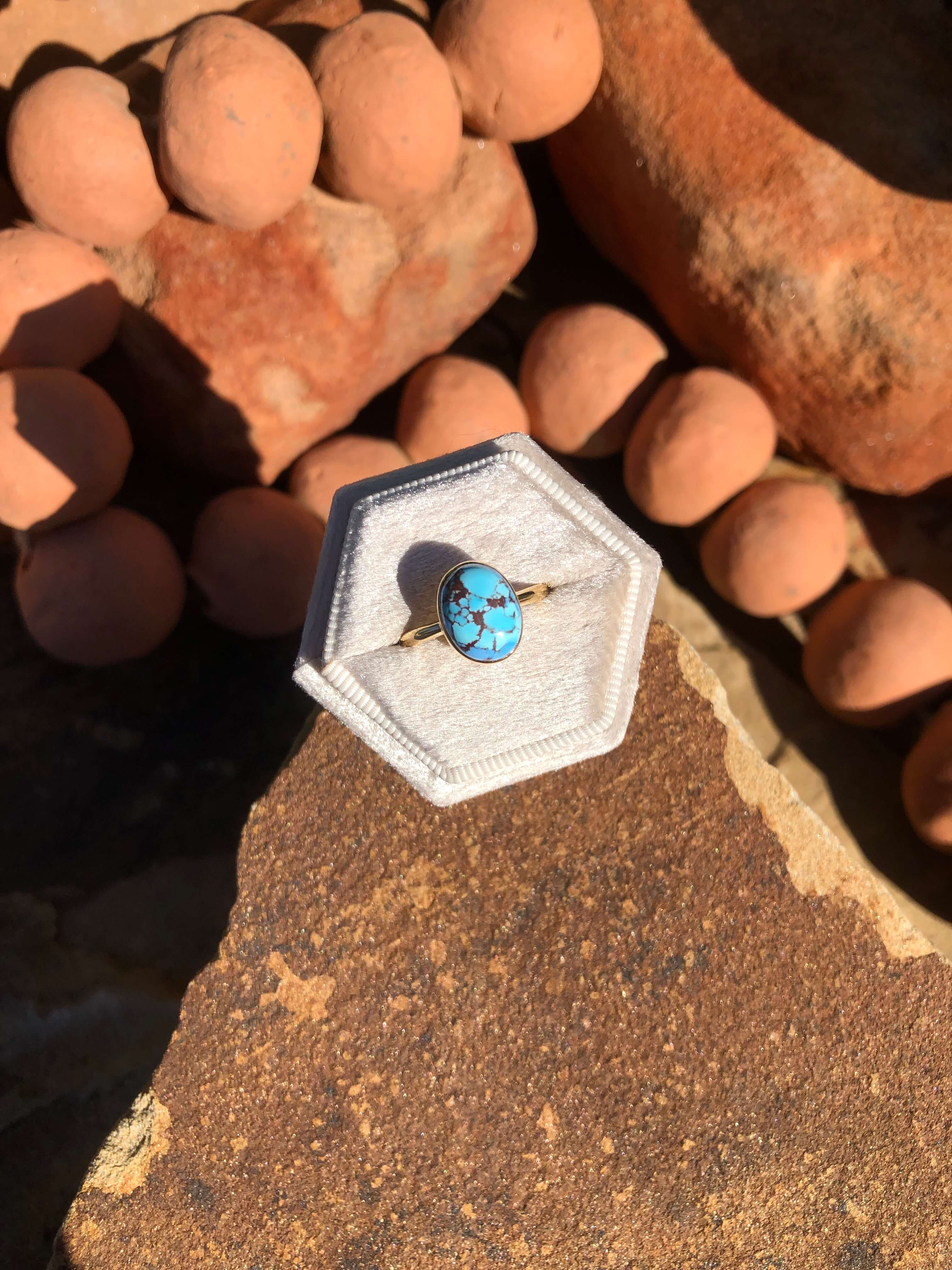 The London 14k and Turquoise Ring 21, Sz 8-Rings-Calli Co., Turquoise and Silver Jewelry, Native American Handmade, Zuni Tribe, Navajo Tribe, Brock Texas