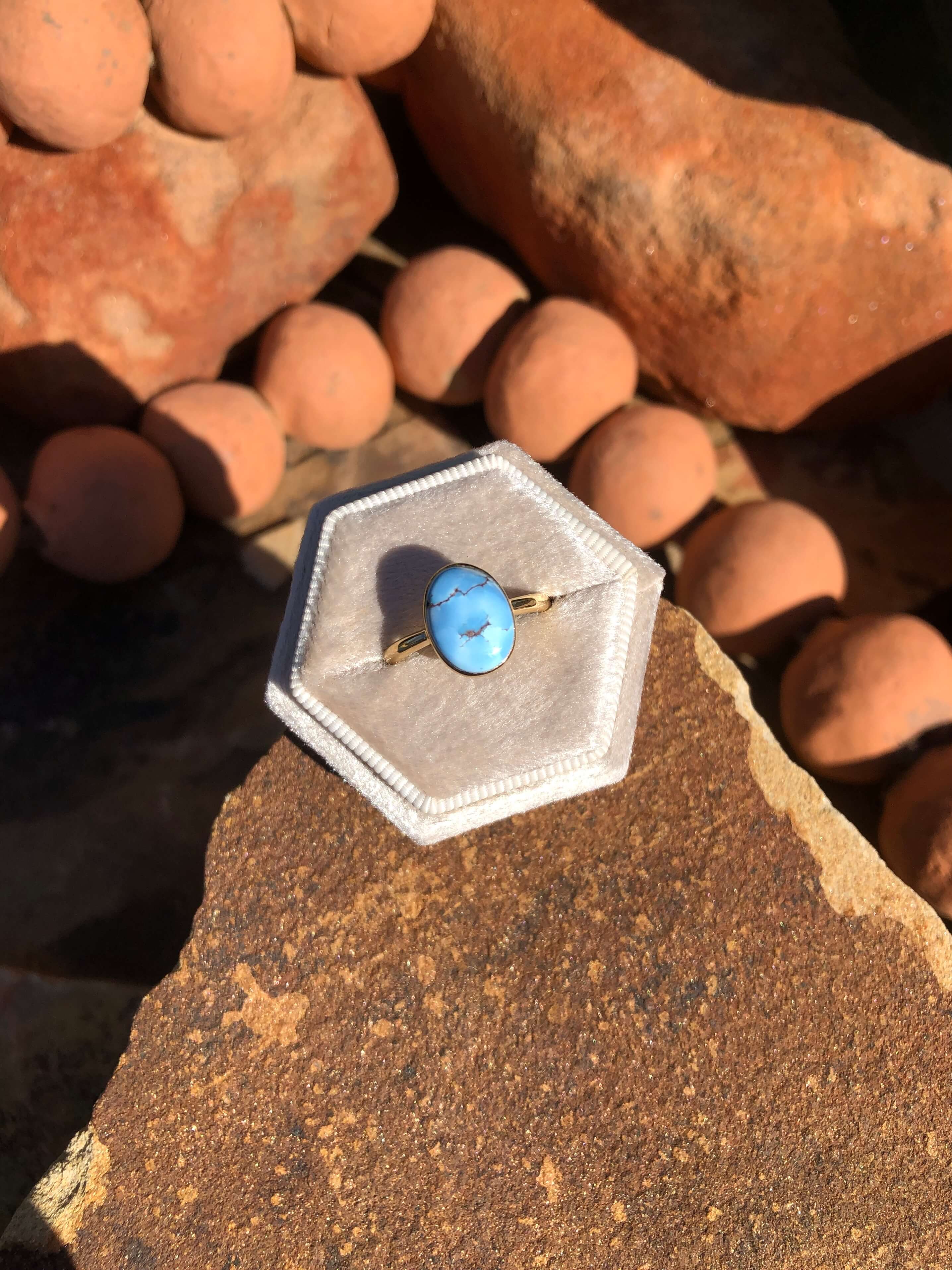 The London 14k and Turquoise Ring 22, Sz 8-Rings-Calli Co., Turquoise and Silver Jewelry, Native American Handmade, Zuni Tribe, Navajo Tribe, Brock Texas