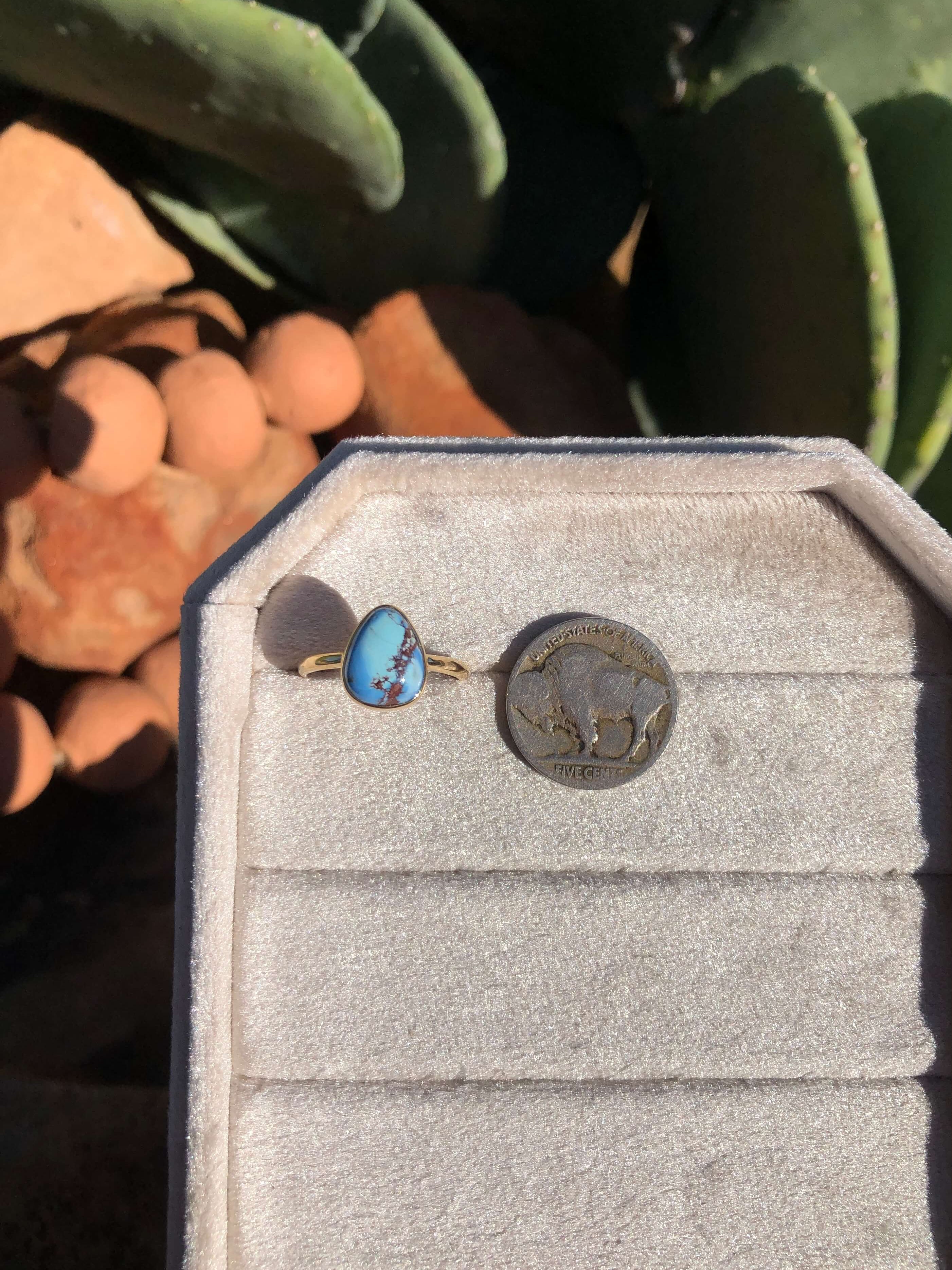 The London 14k and Turquoise Ring 23, Sz 8-Rings-Calli Co., Turquoise and Silver Jewelry, Native American Handmade, Zuni Tribe, Navajo Tribe, Brock Texas