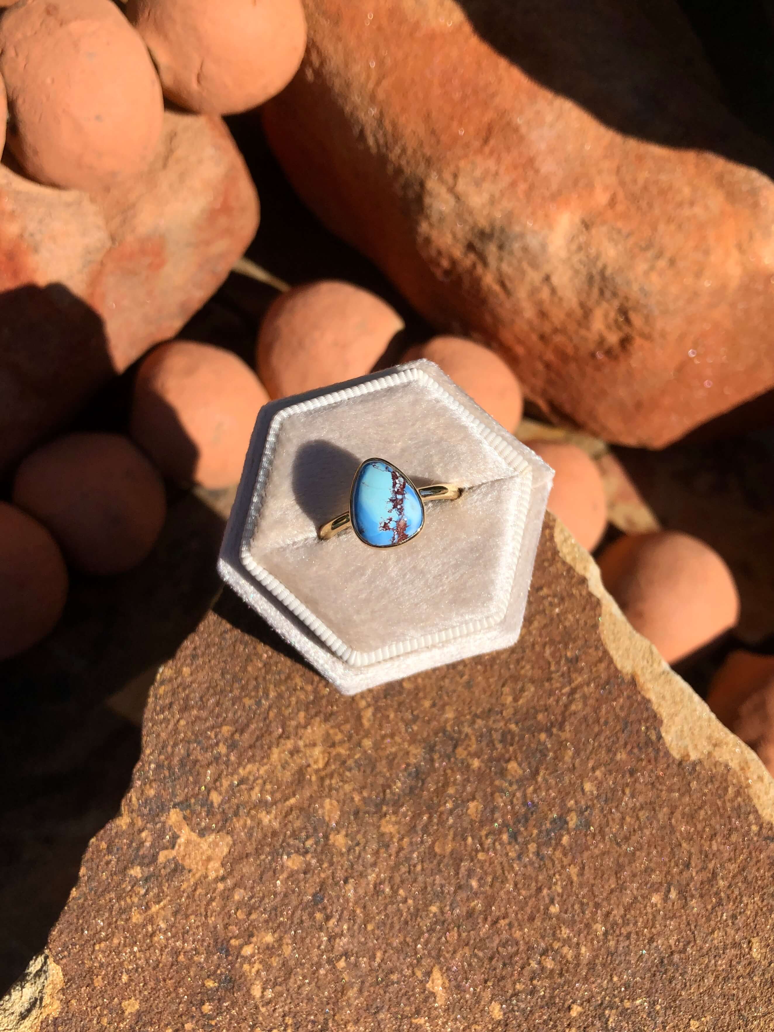 The London 14k and Turquoise Ring 23, Sz 8-Rings-Calli Co., Turquoise and Silver Jewelry, Native American Handmade, Zuni Tribe, Navajo Tribe, Brock Texas