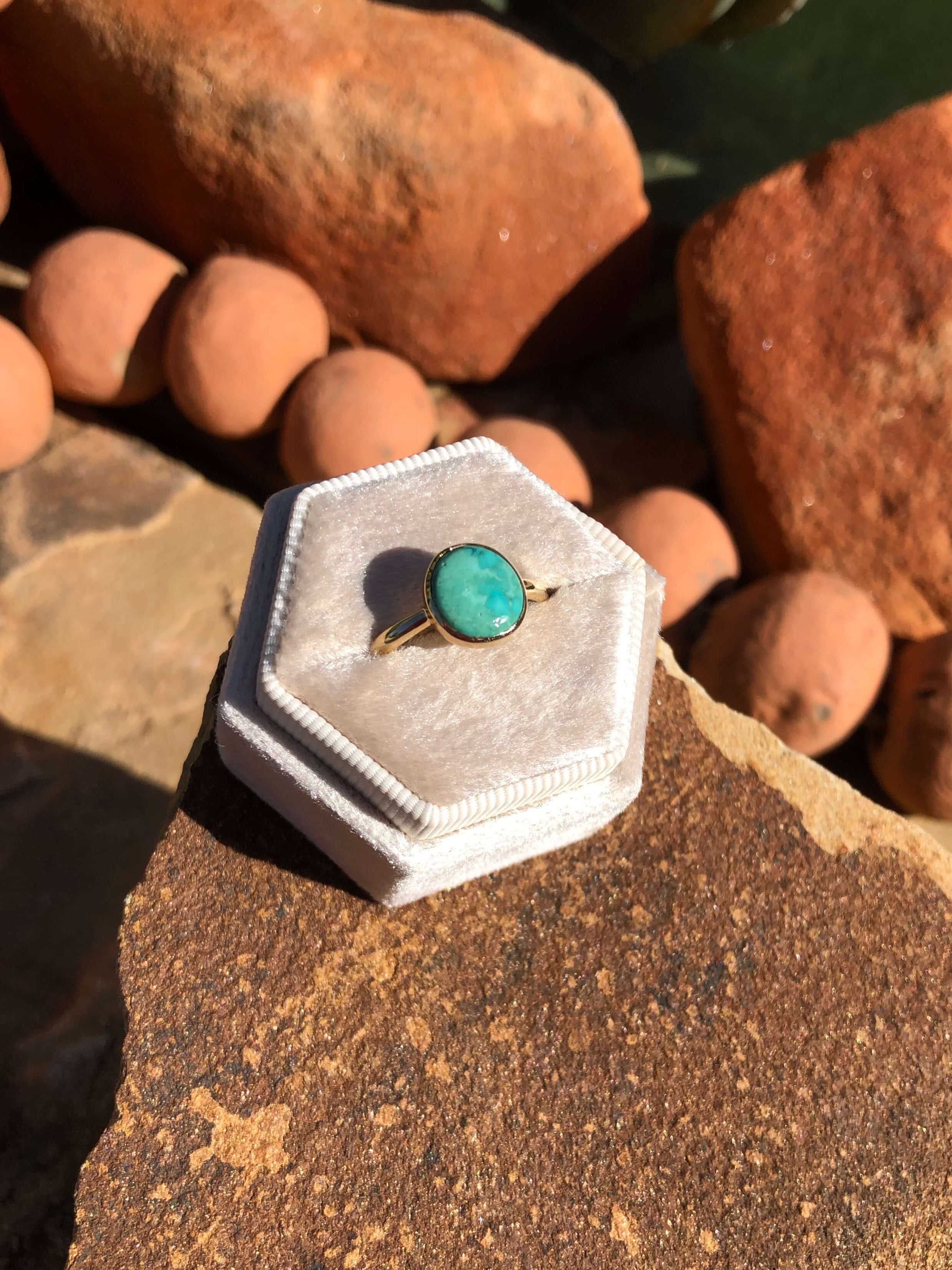 The London 14k and Turquoise Ring 14, Sz 8-Rings-Calli Co., Turquoise and Silver Jewelry, Native American Handmade, Zuni Tribe, Navajo Tribe, Brock Texas