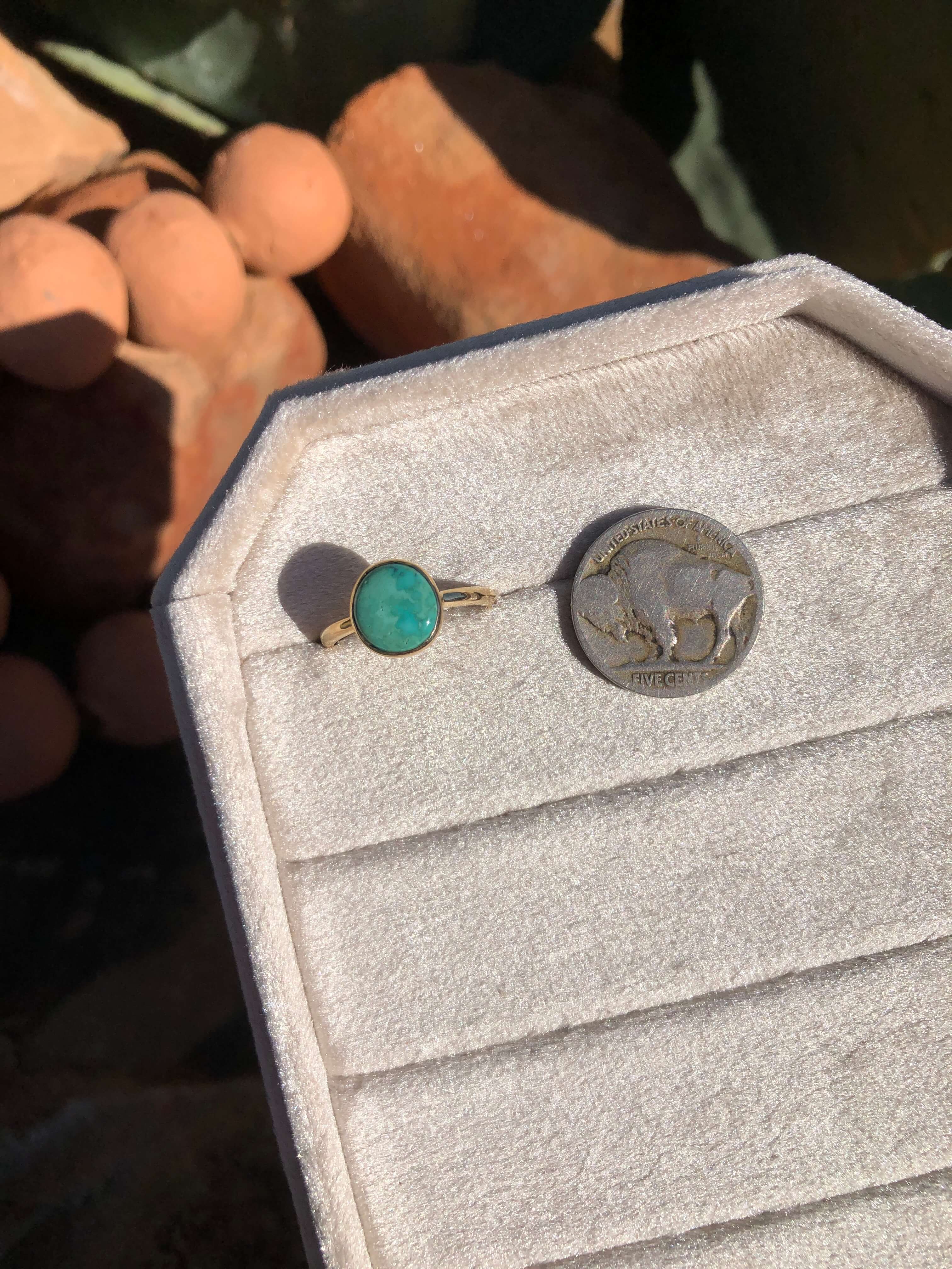 The London 14k and Turquoise Ring 14, Sz 8-Rings-Calli Co., Turquoise and Silver Jewelry, Native American Handmade, Zuni Tribe, Navajo Tribe, Brock Texas