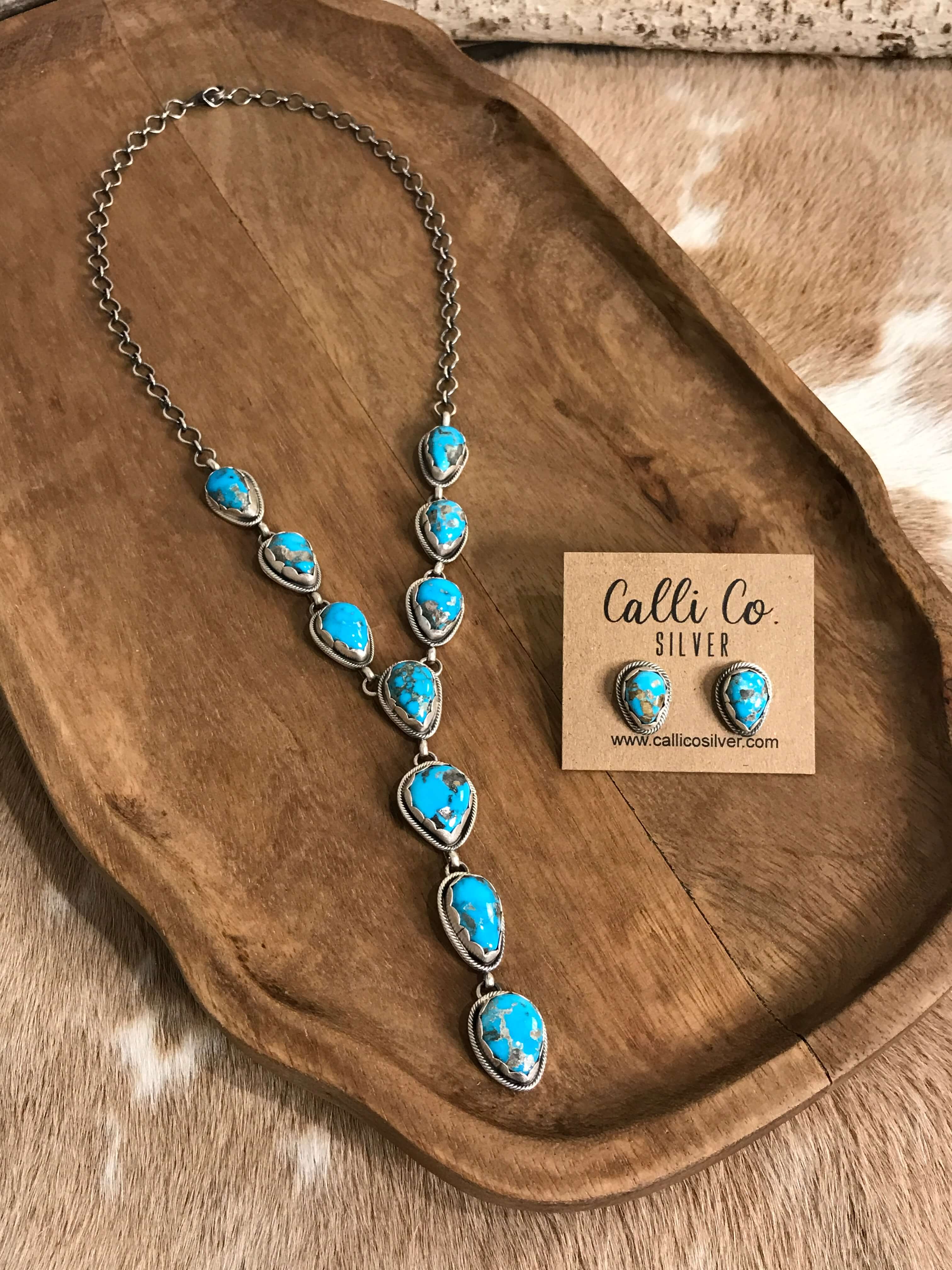 The Kallen Turquoise Lariat Necklace Set, 1-Necklaces-Calli Co., Turquoise and Silver Jewelry, Native American Handmade, Zuni Tribe, Navajo Tribe, Brock Texas