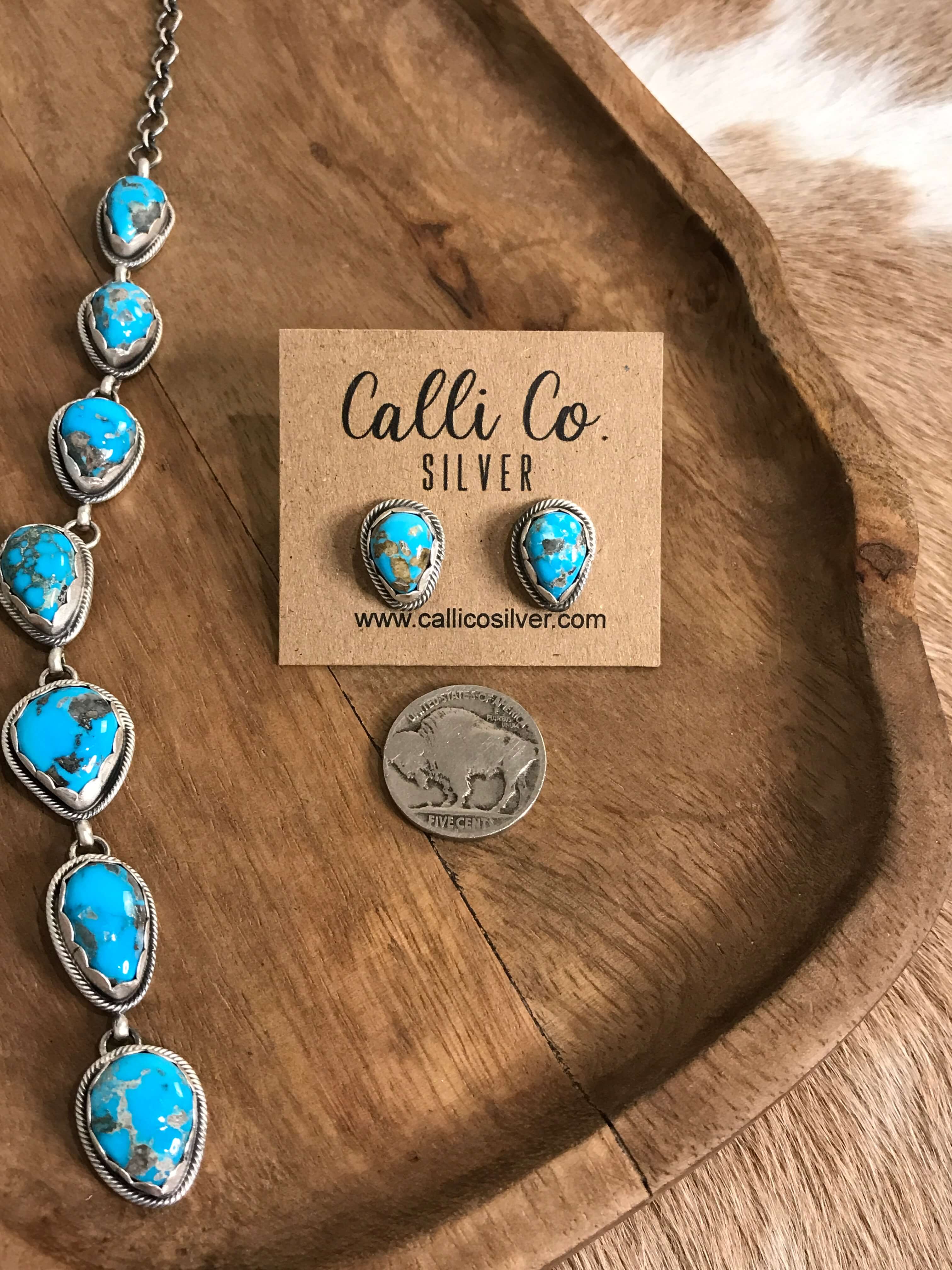 The Kallen Turquoise Lariat Necklace Set, 1-Necklaces-Calli Co., Turquoise and Silver Jewelry, Native American Handmade, Zuni Tribe, Navajo Tribe, Brock Texas