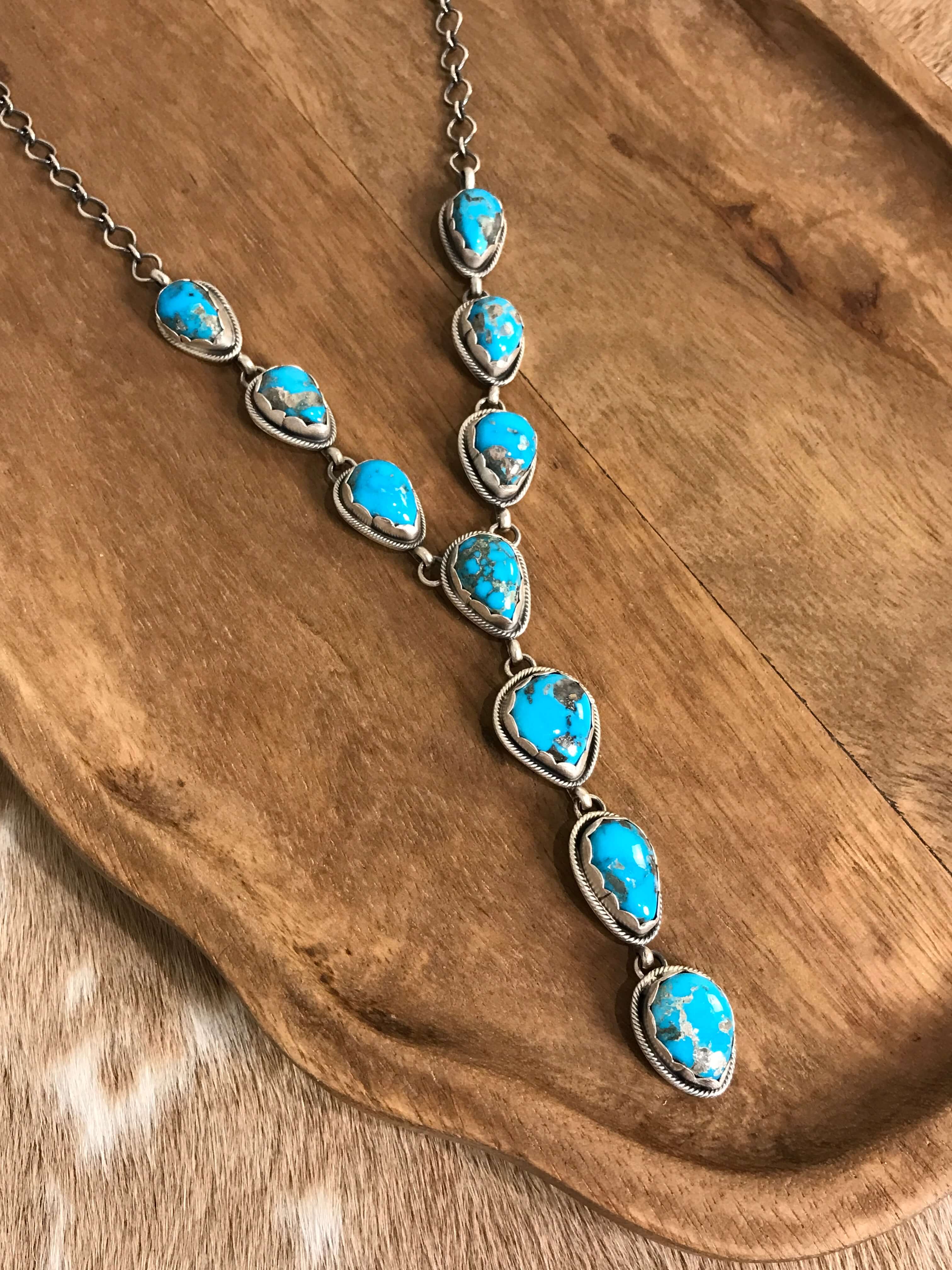 The Kallen Turquoise Lariat Necklace Set, 1-Necklaces-Calli Co., Turquoise and Silver Jewelry, Native American Handmade, Zuni Tribe, Navajo Tribe, Brock Texas