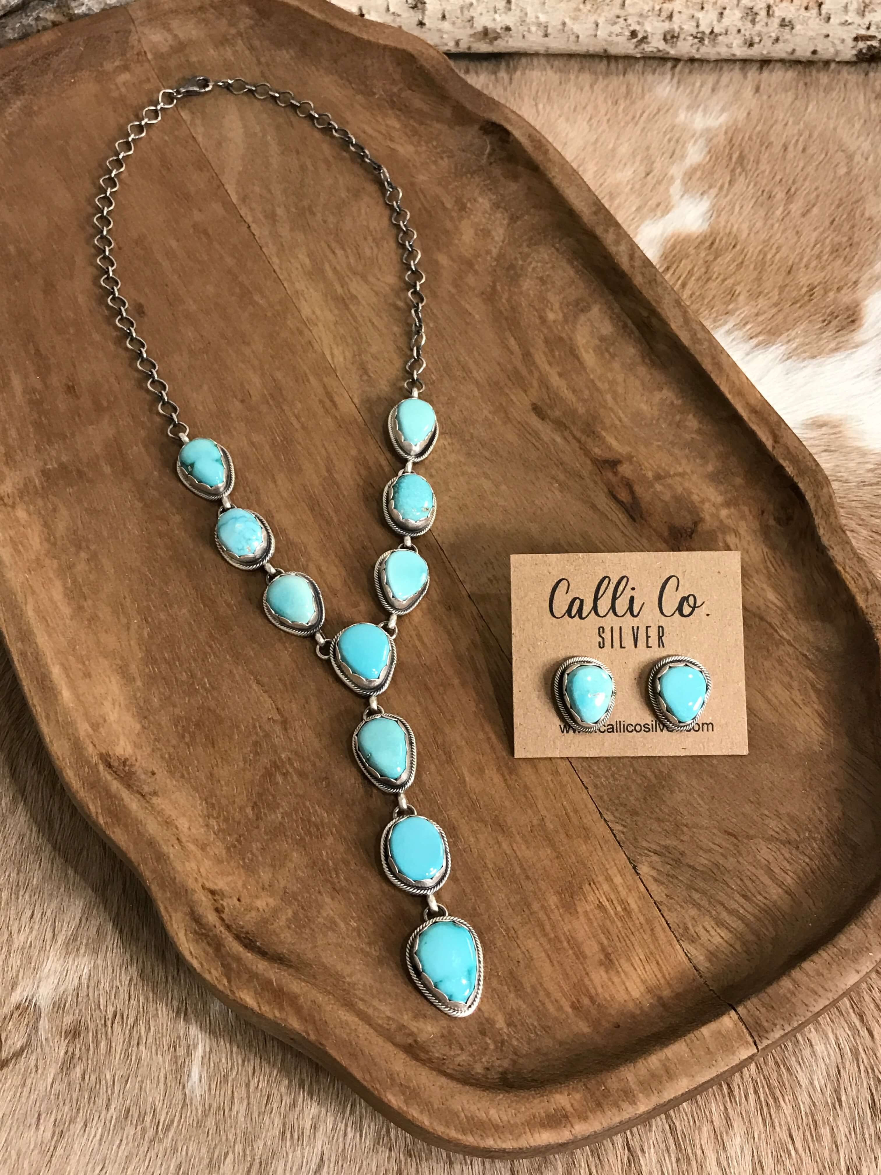 The Kallen Turquoise Lariat Necklace Set, 2-Necklaces-Calli Co., Turquoise and Silver Jewelry, Native American Handmade, Zuni Tribe, Navajo Tribe, Brock Texas