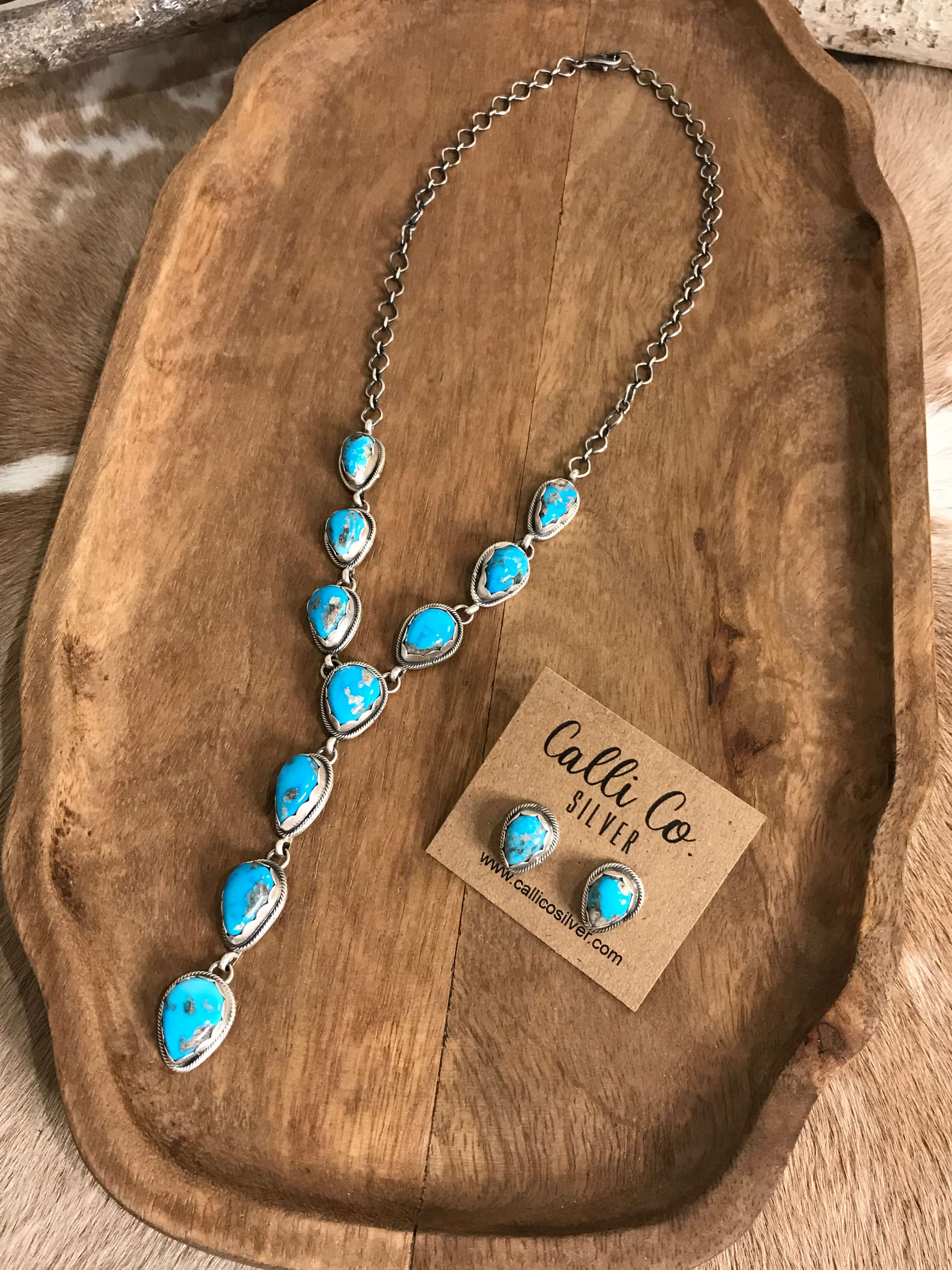 The Kallen Turquoise Lariat Necklace Set, 3-Necklaces-Calli Co., Turquoise and Silver Jewelry, Native American Handmade, Zuni Tribe, Navajo Tribe, Brock Texas