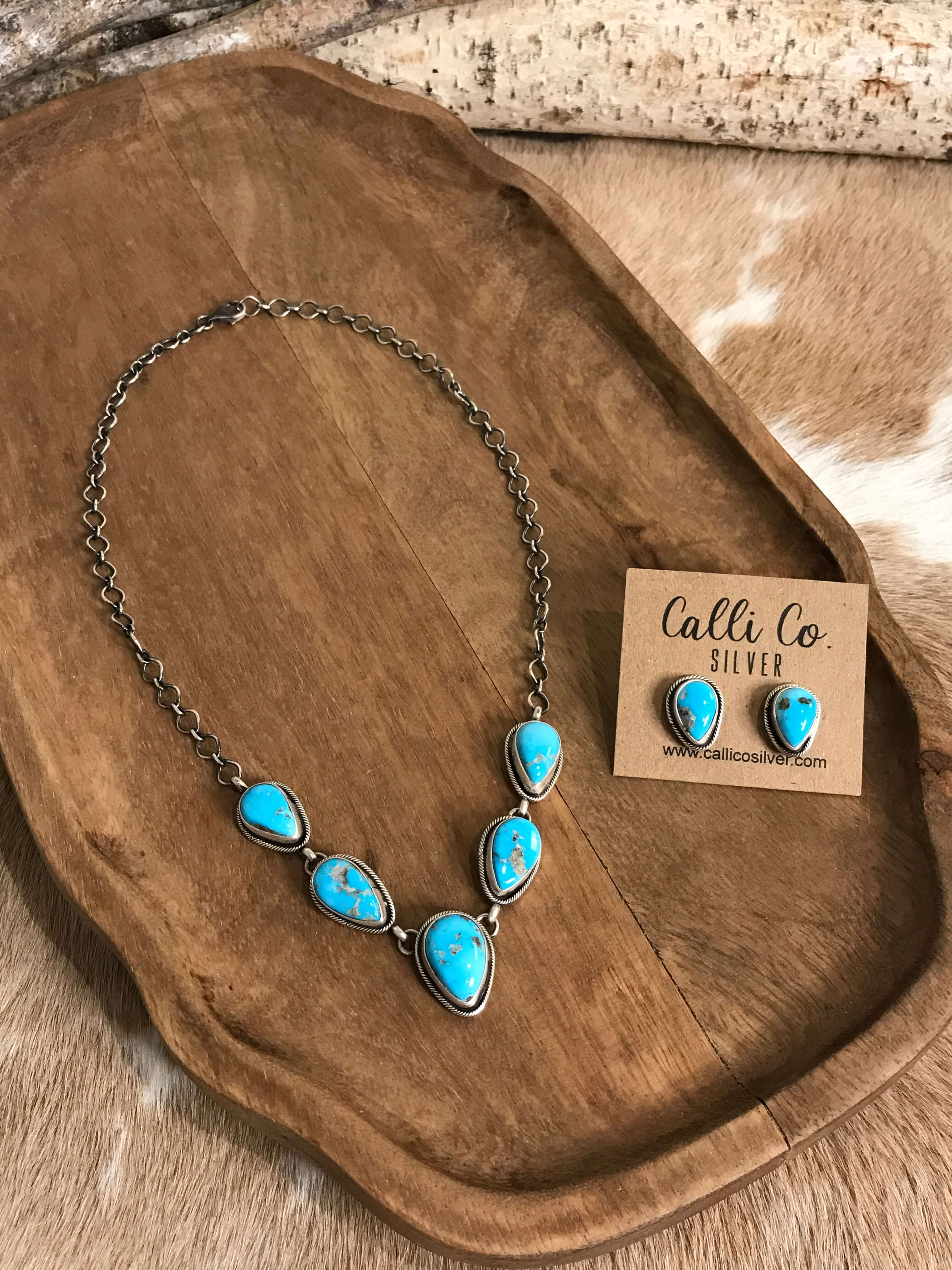 The Lulu Statement Necklace Set, 1-Necklaces-Calli Co., Turquoise and Silver Jewelry, Native American Handmade, Zuni Tribe, Navajo Tribe, Brock Texas
