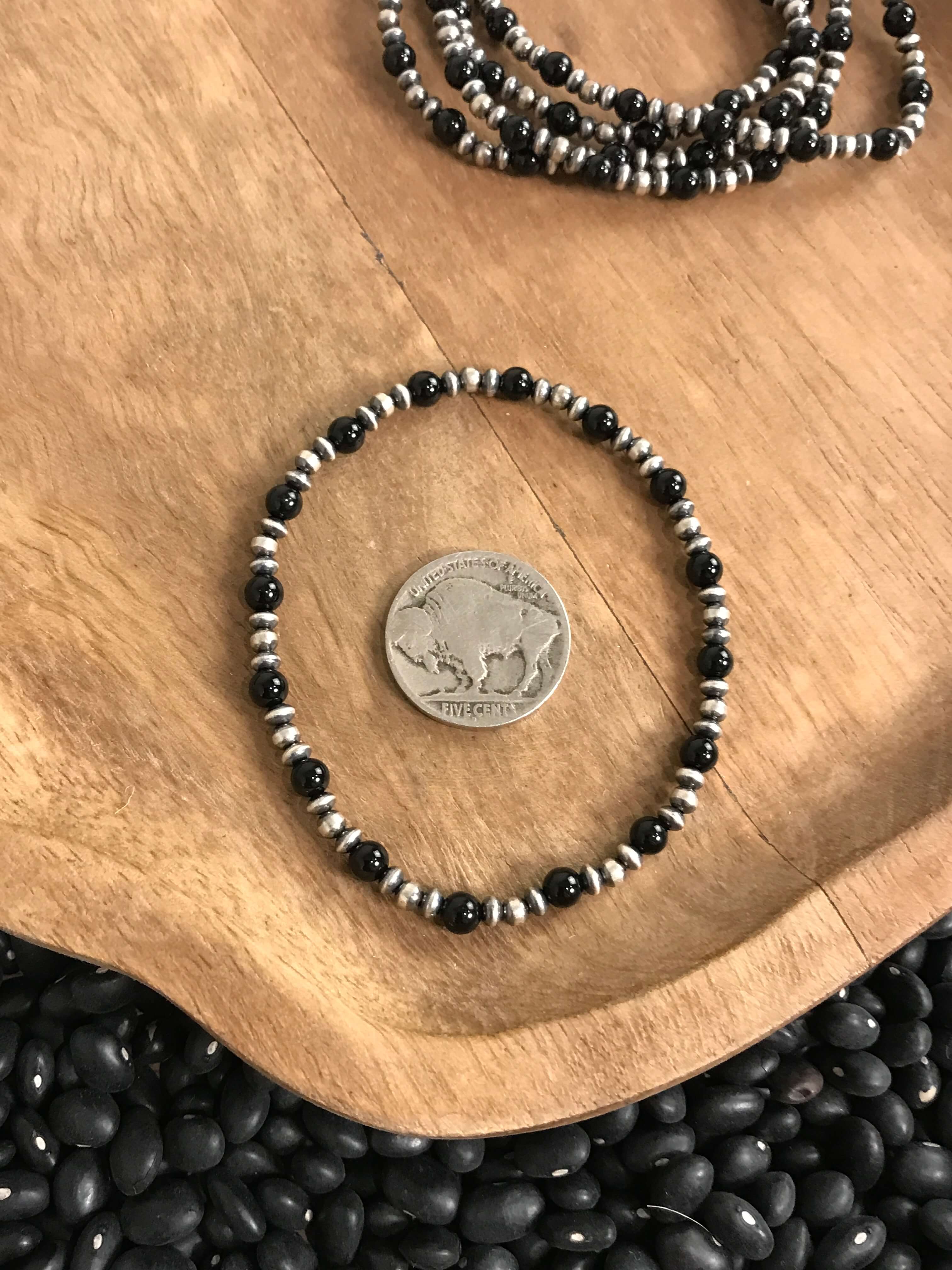 The Dainty Stretch Bracelet in Onyx-Bracelets & Cuffs-Calli Co., Turquoise and Silver Jewelry, Native American Handmade, Zuni Tribe, Navajo Tribe, Brock Texas