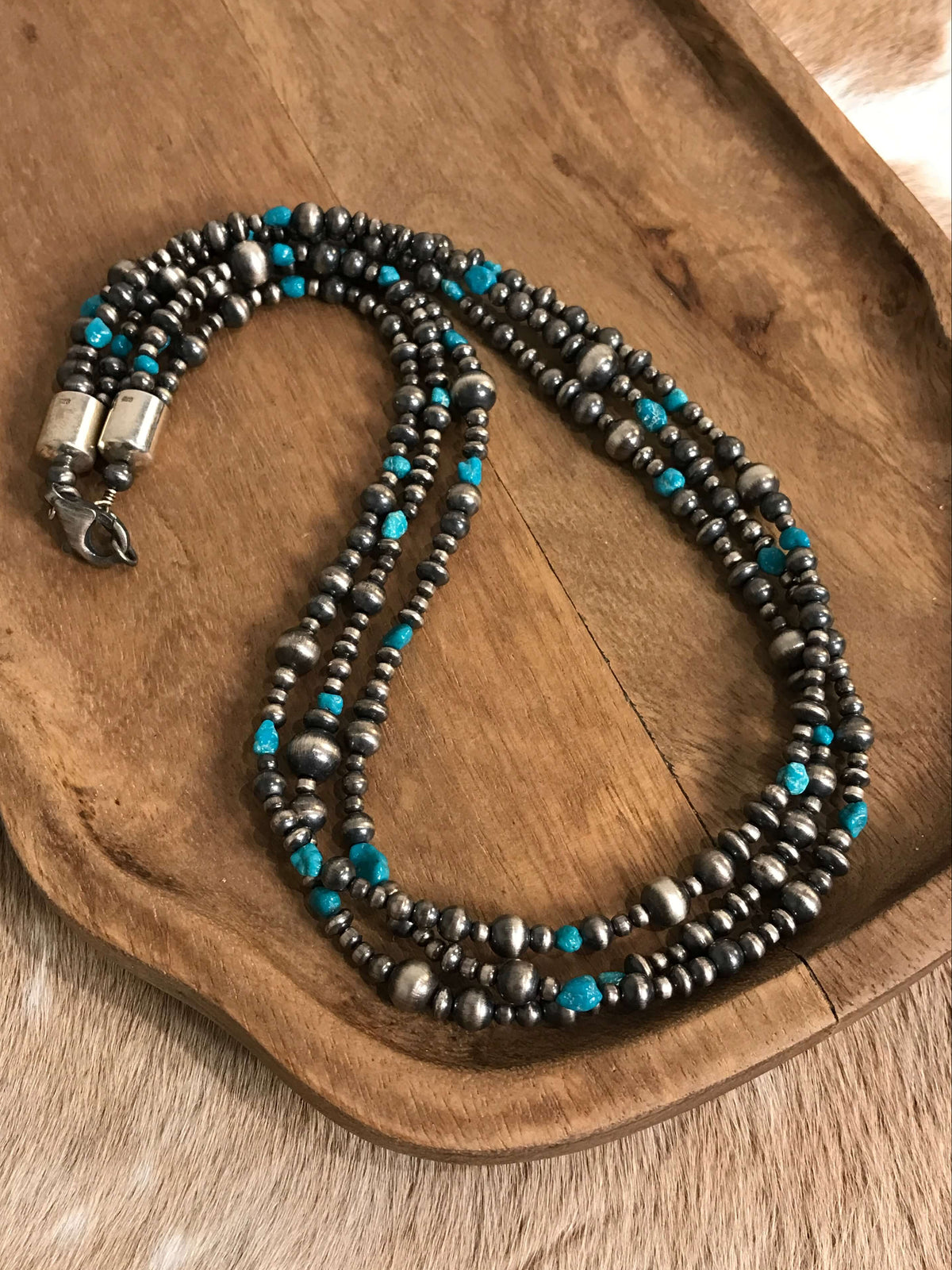 The Grecian Triple Strand Necklace, 1-Necklaces-Calli Co., Turquoise and Silver Jewelry, Native American Handmade, Zuni Tribe, Navajo Tribe, Brock Texas