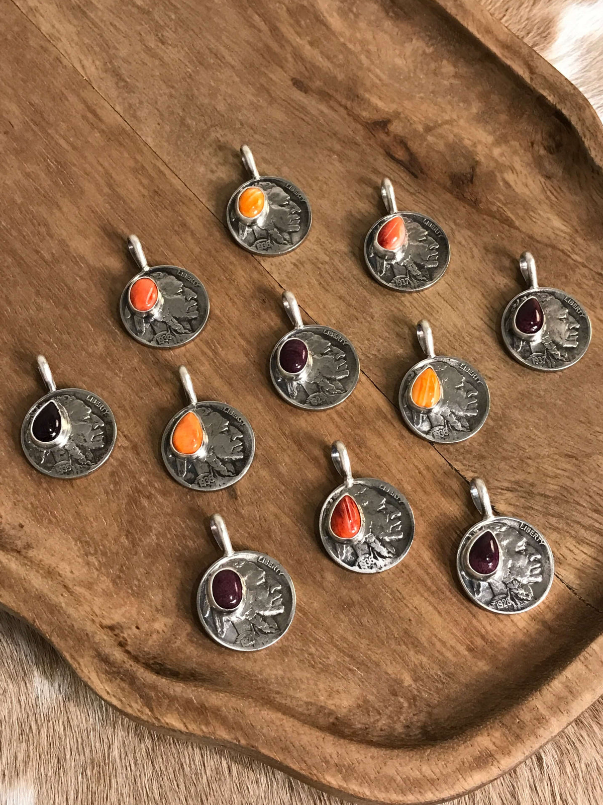 The Buffalo Nickel Pendants in Spiny Oyster-Pendants-Calli Co., Turquoise and Silver Jewelry, Native American Handmade, Zuni Tribe, Navajo Tribe, Brock Texas