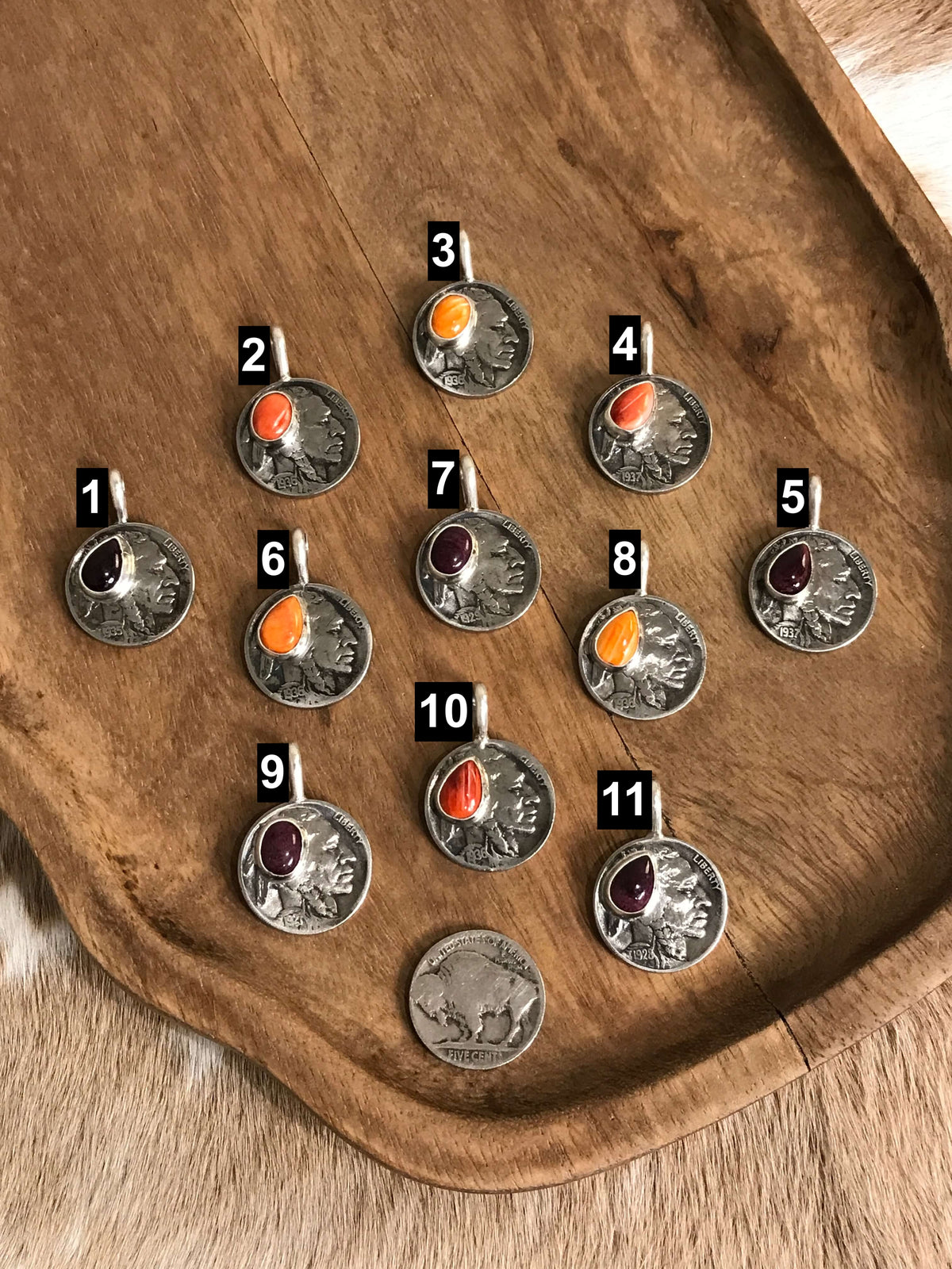The Buffalo Nickel Pendants in Spiny Oyster-Pendants-Calli Co., Turquoise and Silver Jewelry, Native American Handmade, Zuni Tribe, Navajo Tribe, Brock Texas