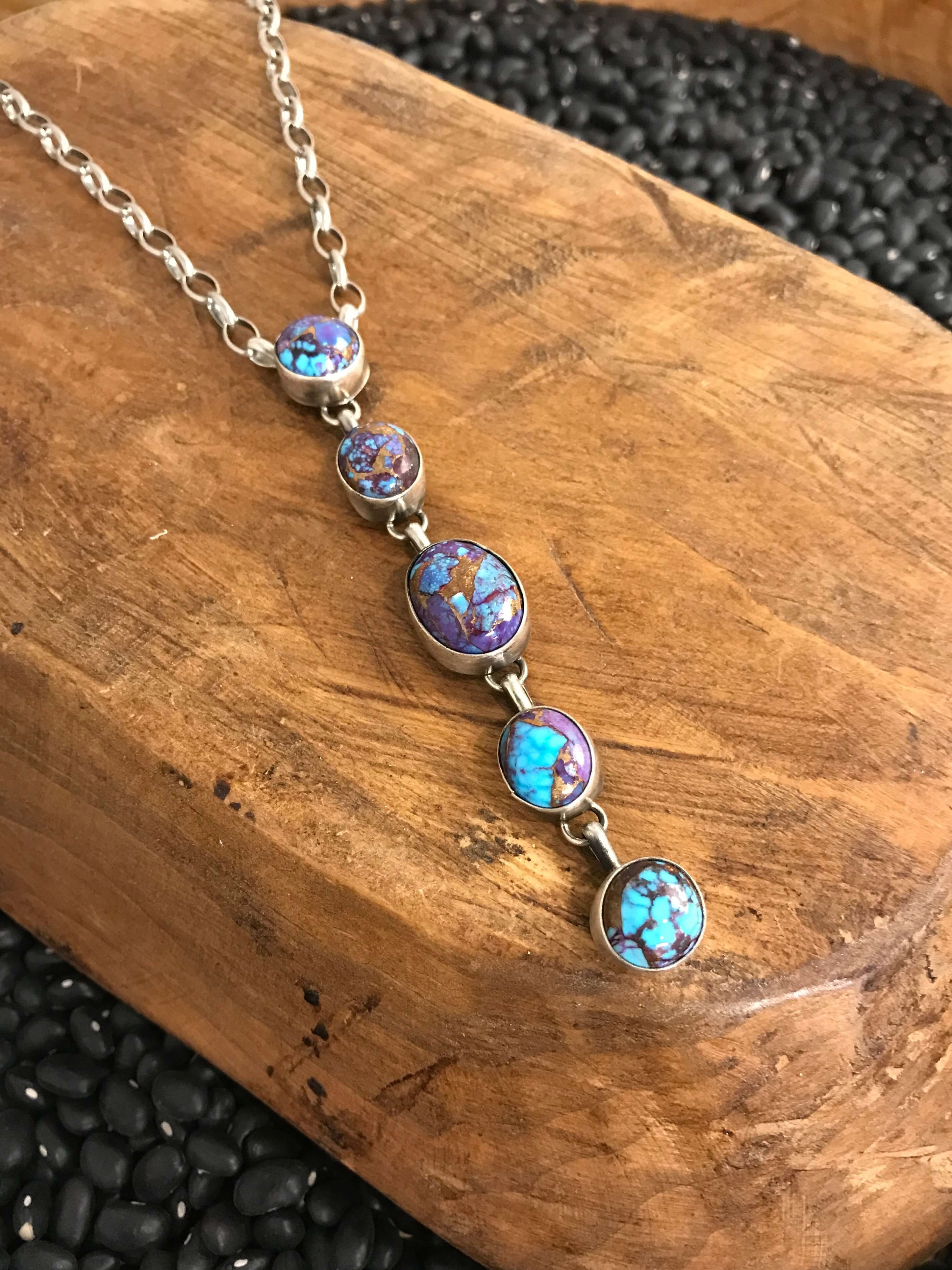 The Arroyo 5 Stone Lariat Necklace, 1-Necklaces-Calli Co., Turquoise and Silver Jewelry, Native American Handmade, Zuni Tribe, Navajo Tribe, Brock Texas