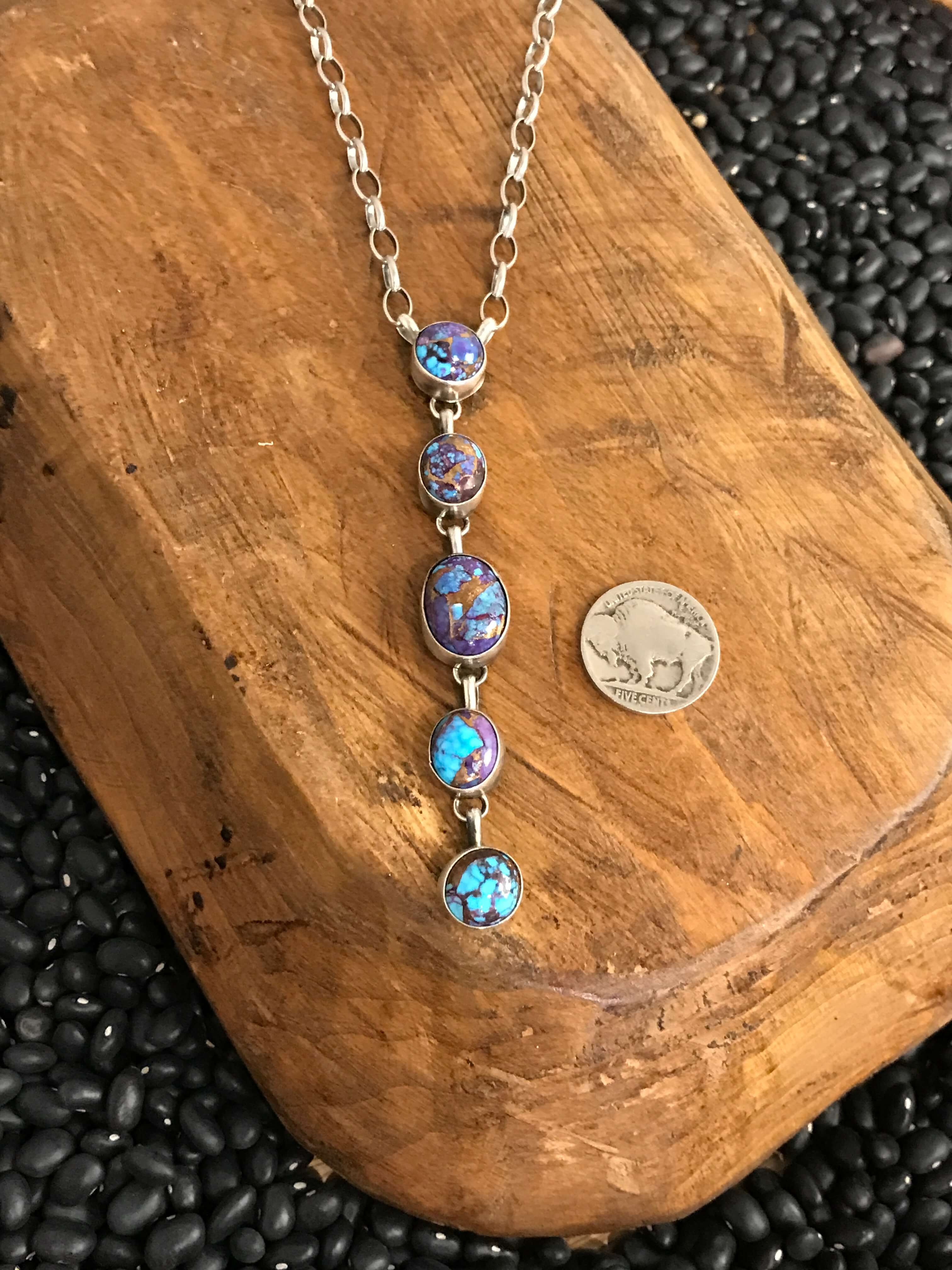 The Arroyo 5 Stone Lariat Necklace, 1-Necklaces-Calli Co., Turquoise and Silver Jewelry, Native American Handmade, Zuni Tribe, Navajo Tribe, Brock Texas