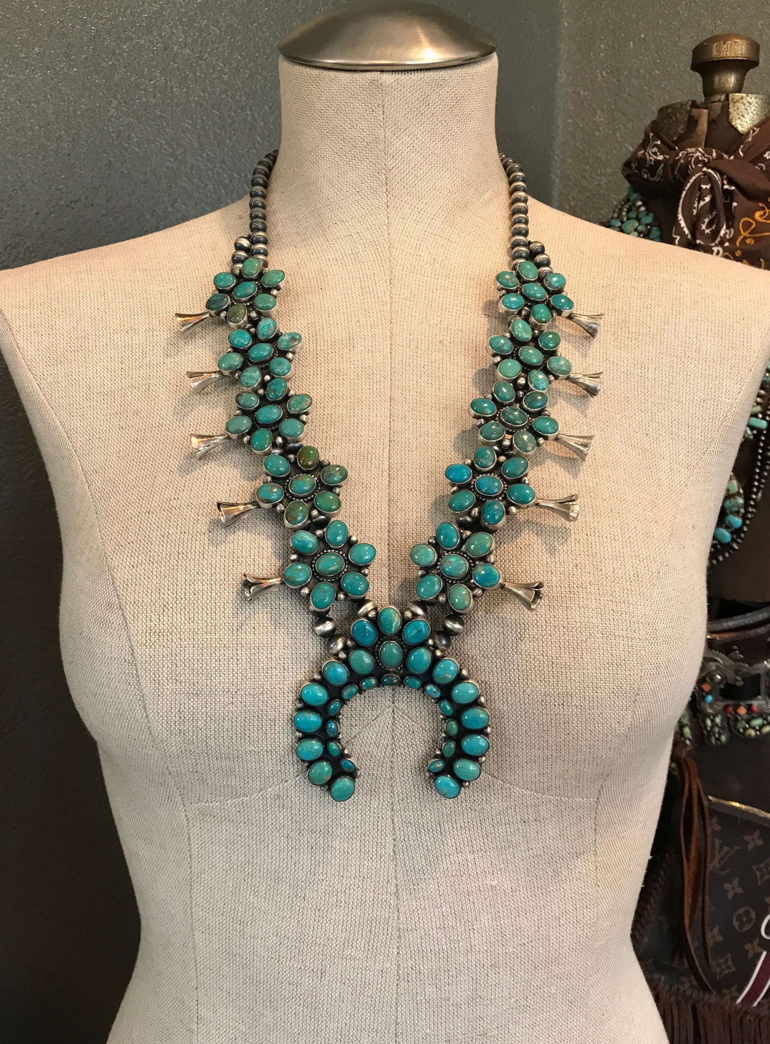 The Cusco Turquoise Squash Blossom Necklace Set-Necklaces-Calli Co., Turquoise and Silver Jewelry, Native American Handmade, Zuni Tribe, Navajo Tribe, Brock Texas