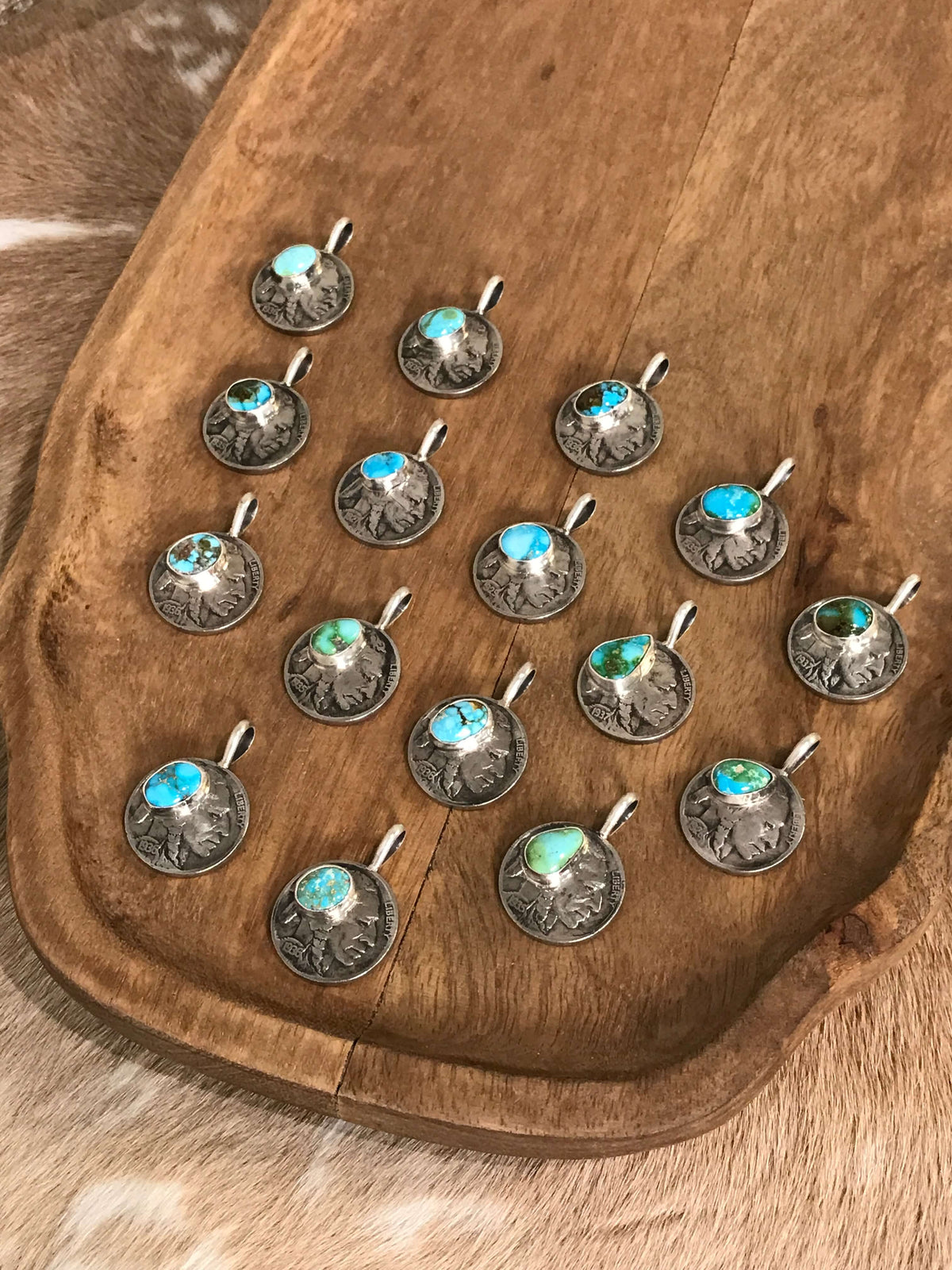 The Buffalo Nickel Pendants in Blue Turquoise-Pendants-Calli Co., Turquoise and Silver Jewelry, Native American Handmade, Zuni Tribe, Navajo Tribe, Brock Texas