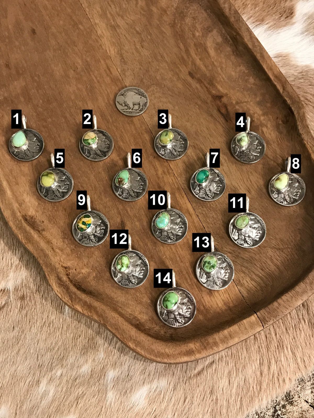 The Buffalo Nickel Pendants in Green Turquoise-Pendants-Calli Co., Turquoise and Silver Jewelry, Native American Handmade, Zuni Tribe, Navajo Tribe, Brock Texas