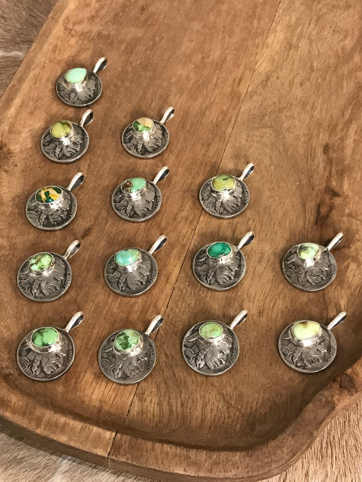 The Buffalo Nickel Pendants in Green Turquoise-Pendants-Calli Co., Turquoise and Silver Jewelry, Native American Handmade, Zuni Tribe, Navajo Tribe, Brock Texas